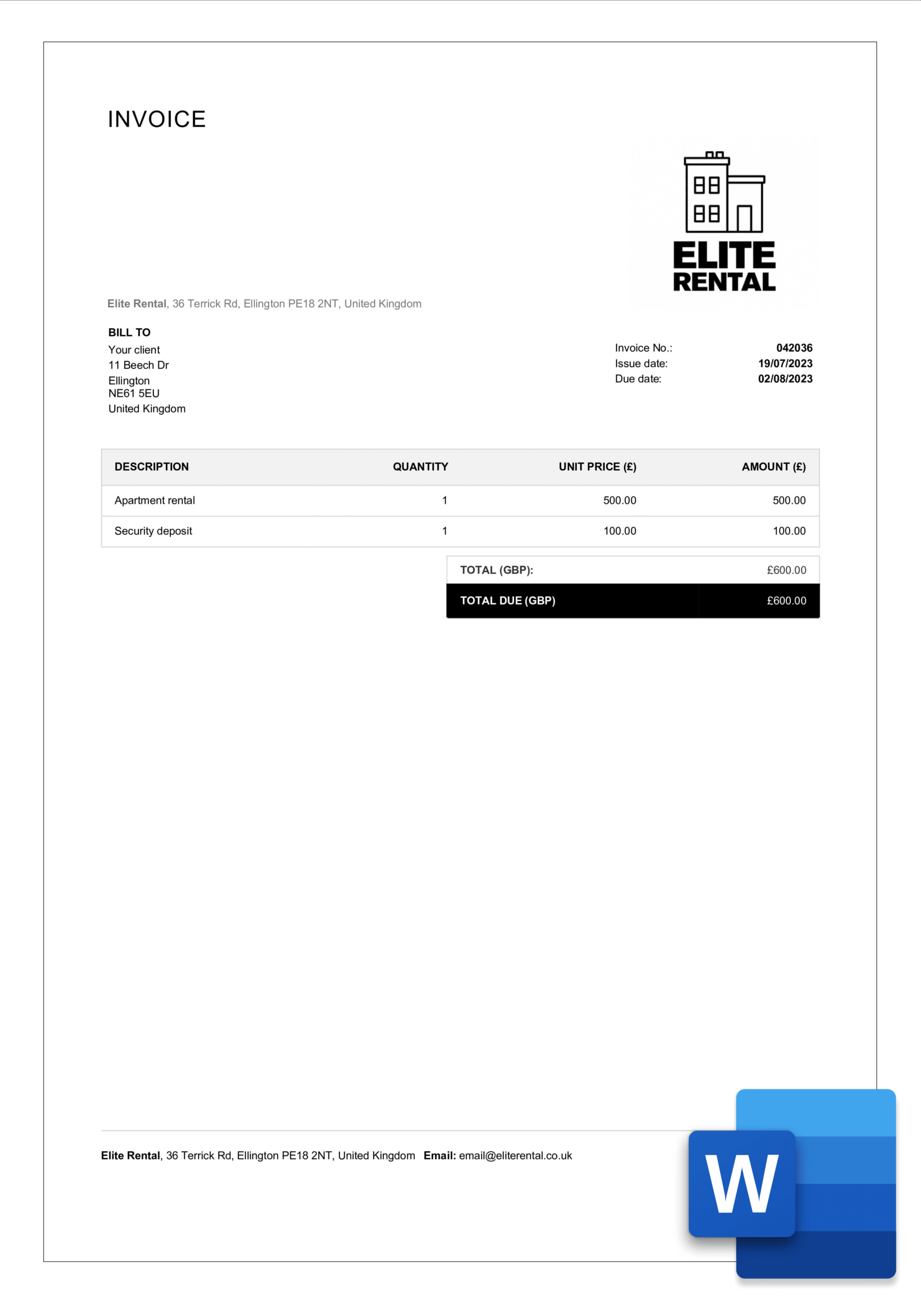 Free Rental Invoice Templates In Word | Billdu for Rent Invoice Sample Template