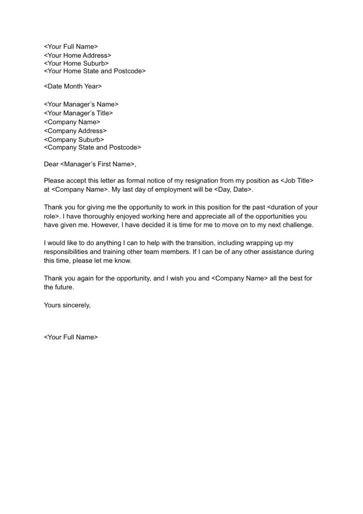 Resignation Sample Template