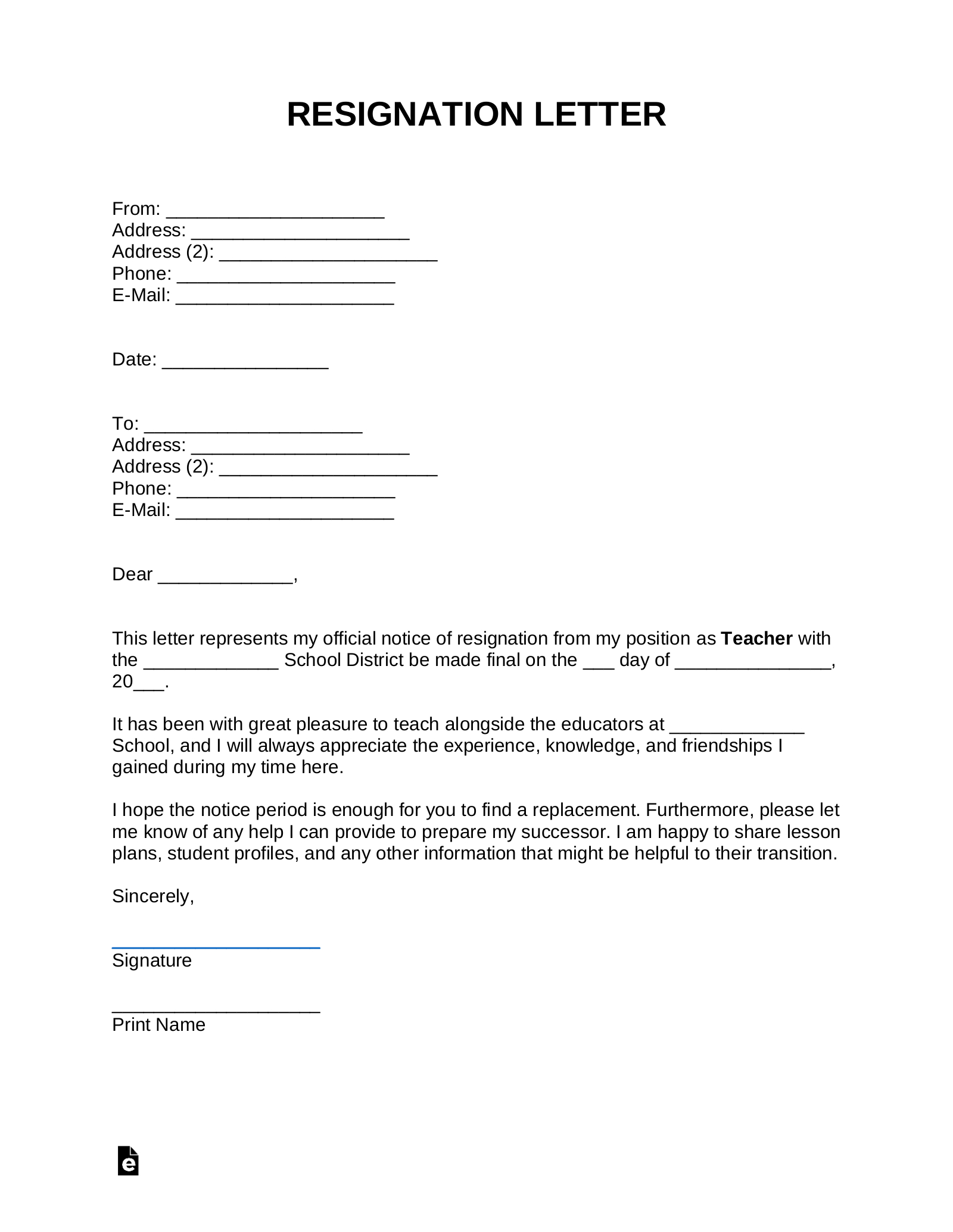 Free Resignation Letters | Templates (12) - Pdf | Word – Eforms regarding Resignation Letter Template Sample