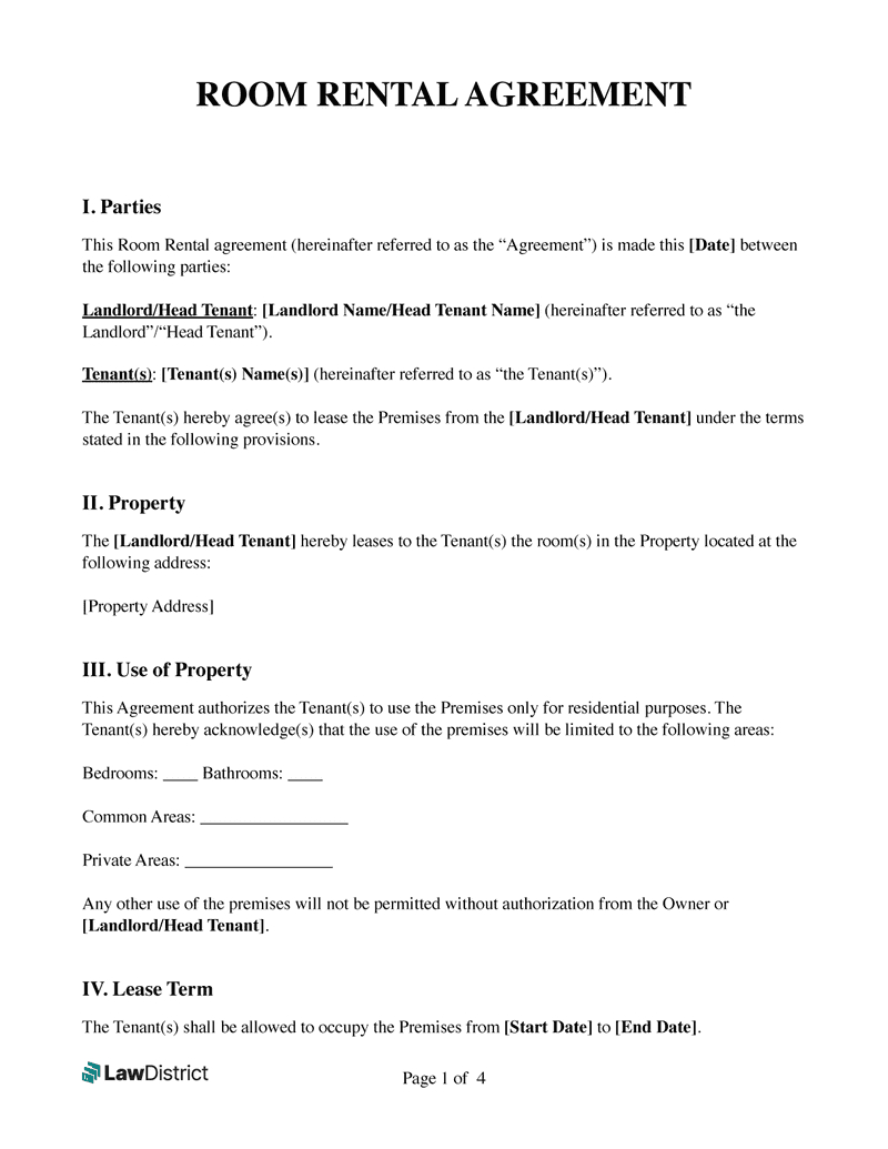 Free Room Rental Agreement | Pdf Template &amp;amp; Word | Lawdistrict for House Rental Agreement Sample Template