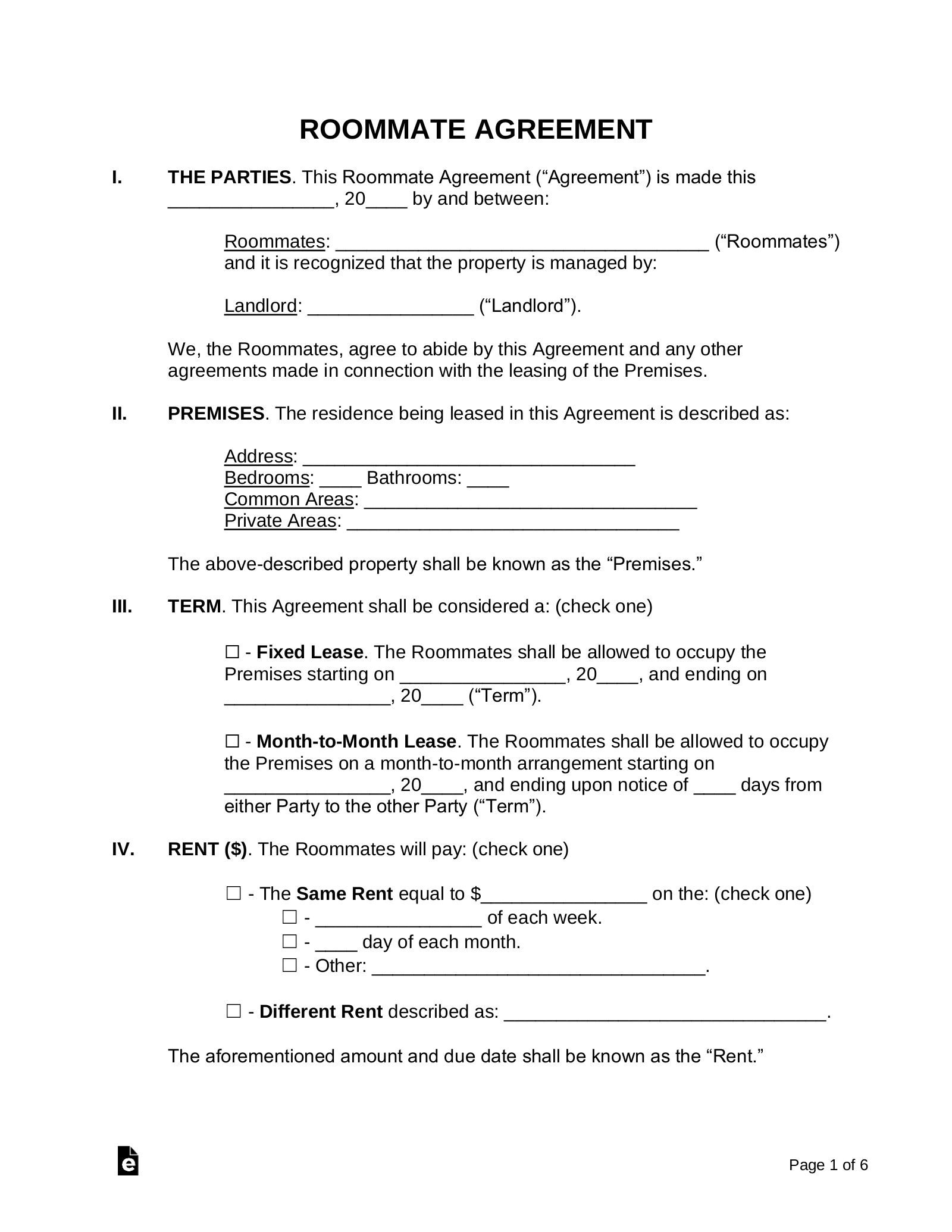 Free Roommate (Room Rental) Agreement Template - Pdf | Word – Eforms with Roommate Agreement Sample Template