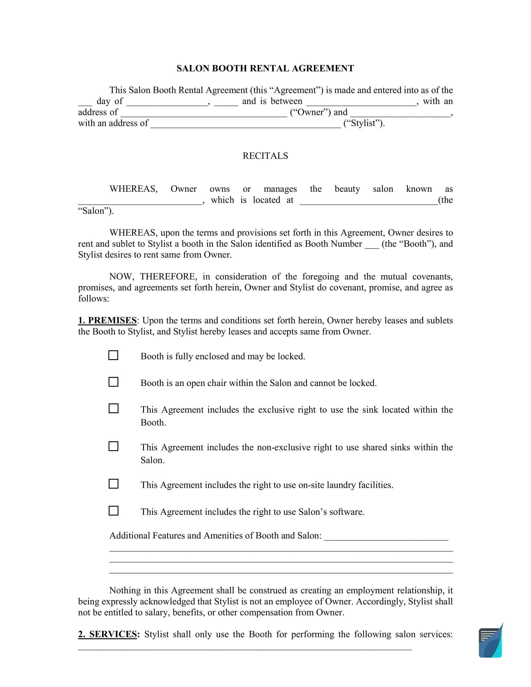 Free Salon Booth Rental Agreement Templates | Formspal with regard to Salon Booth Rental Agreement Sample Template