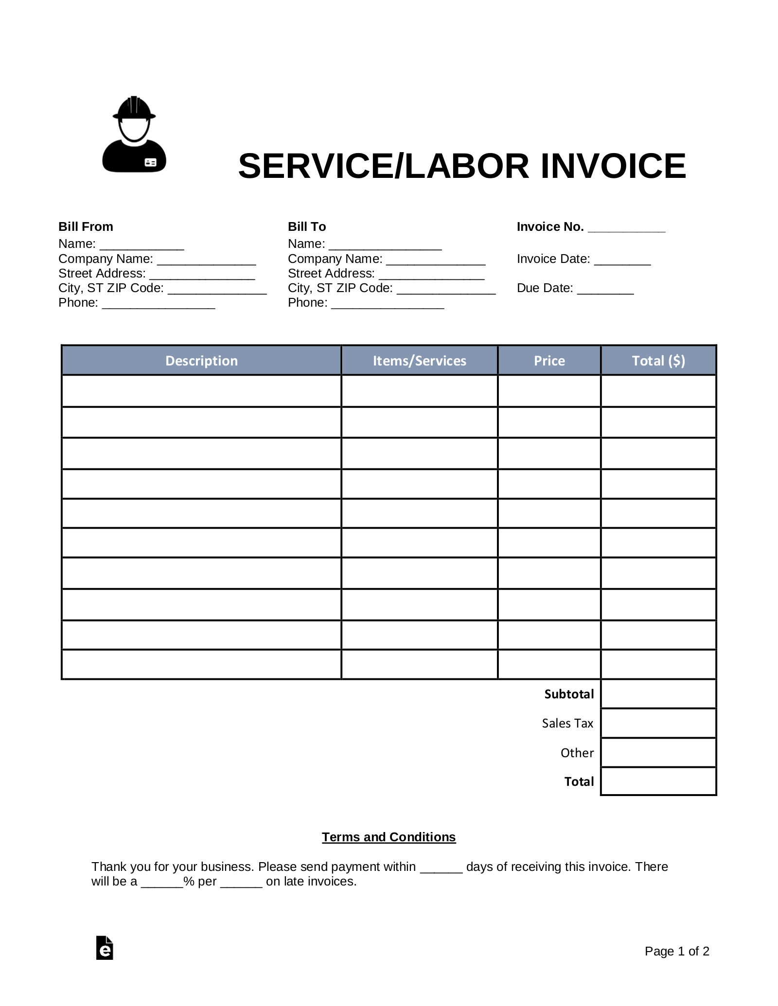 Free Service/Labor Invoice Template - Pdf | Word – Eforms within Service Invoice Sample Template