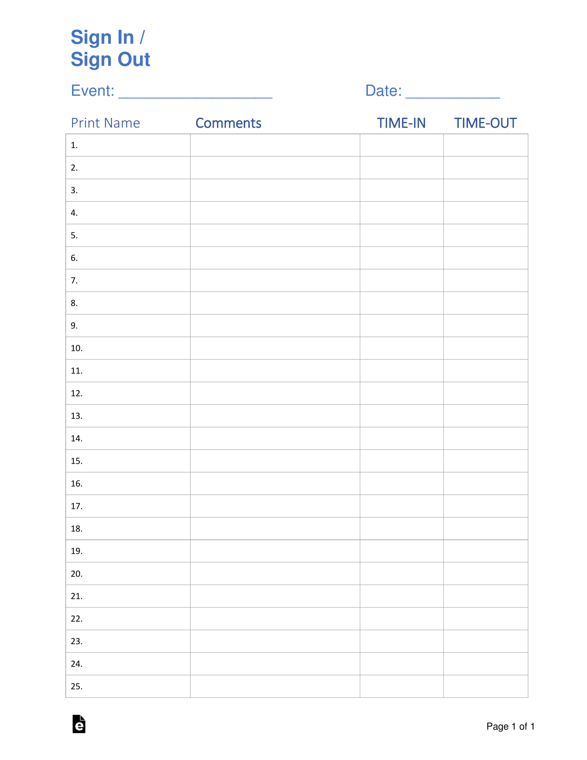 Free Sign In / Sign Up Sheet Templates - Pdf | Word – Eforms regarding Sign-In Sheet Sample Template