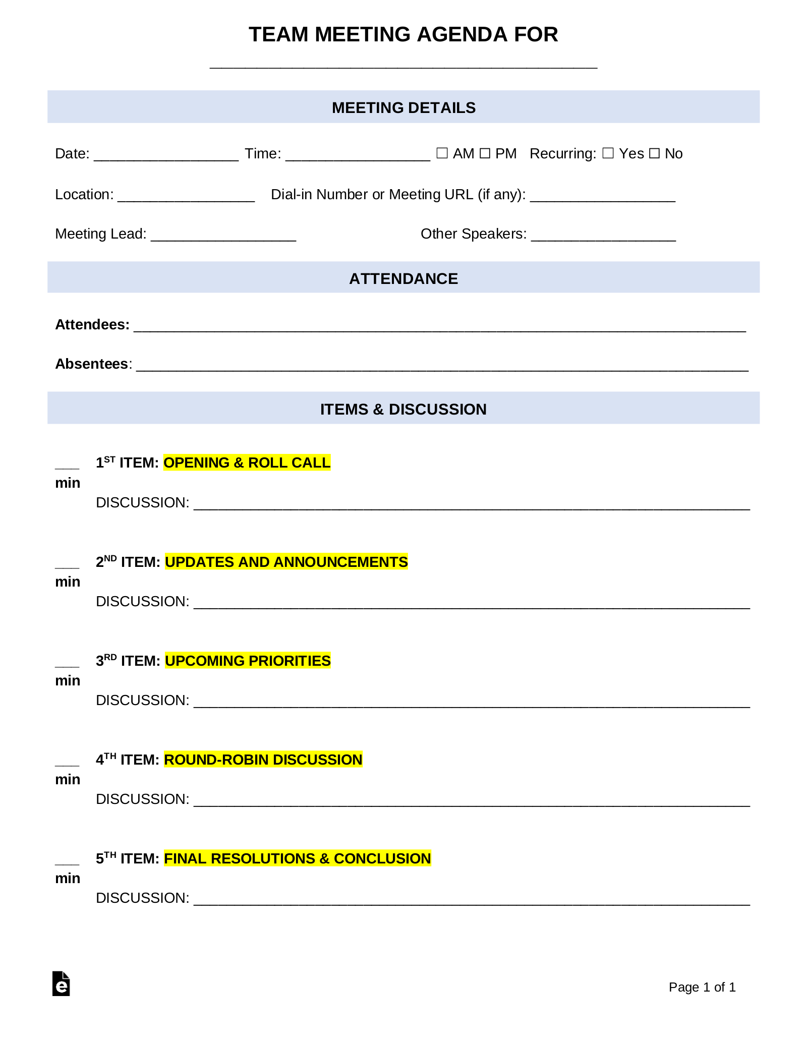 Free Team Meeting Agenda Template - Pdf | Word – Eforms inside Agenda Template Sample