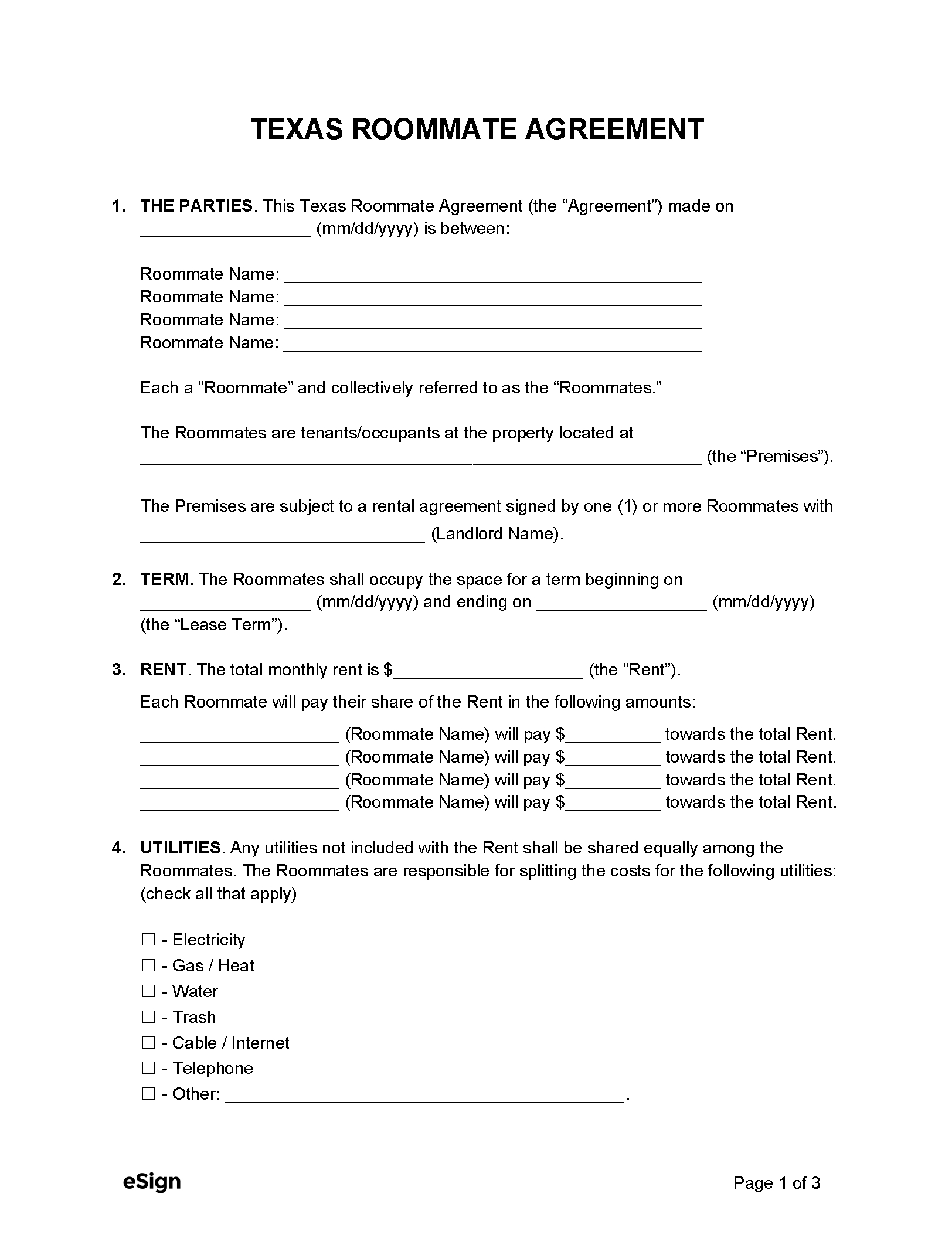 Free Texas Roommate Agreement Template | Pdf | Word in Roommate Agreement Sample Template