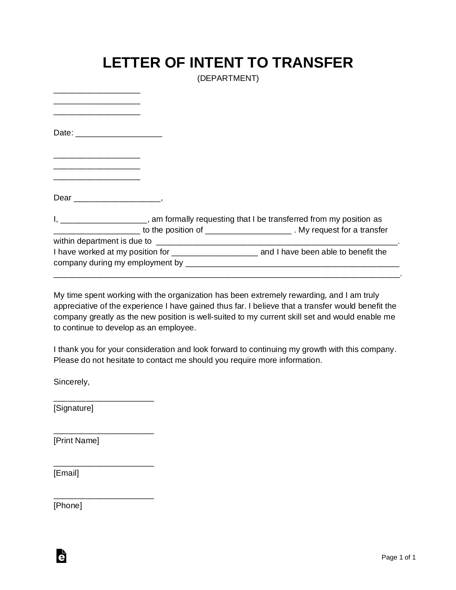 Free Transfer Department/Job Letter Of Intent Template - Pdf with Job Transfer Letter Sample Templates