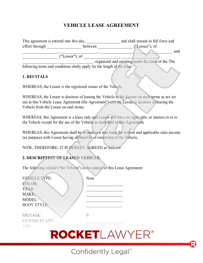 Free Vehicle Lease Agreement: Make &amp;amp; Sign - Rocket Lawyer with Car Lease Agreement Sample Template