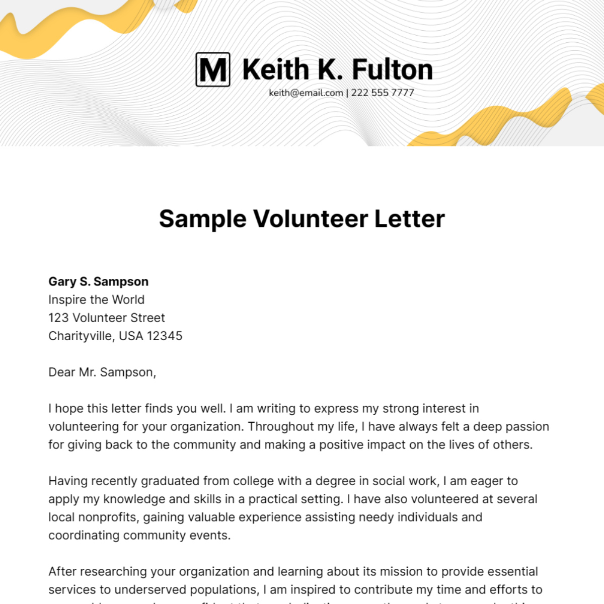 Volunteer Letter Sample Template Template Samples