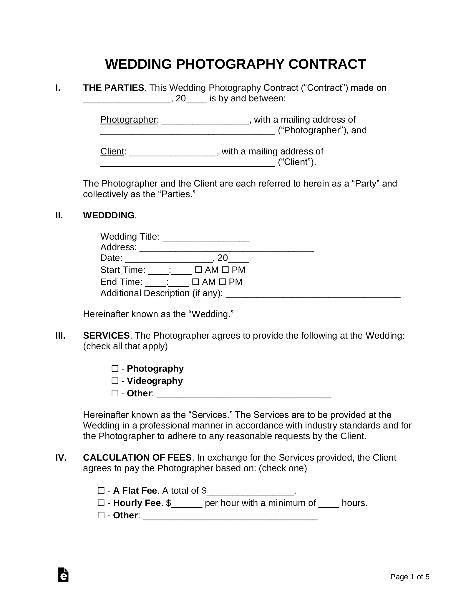 Free Wedding Photography Contract Template - Pdf | Word – Eforms intended for Wedding Contract Sample Template