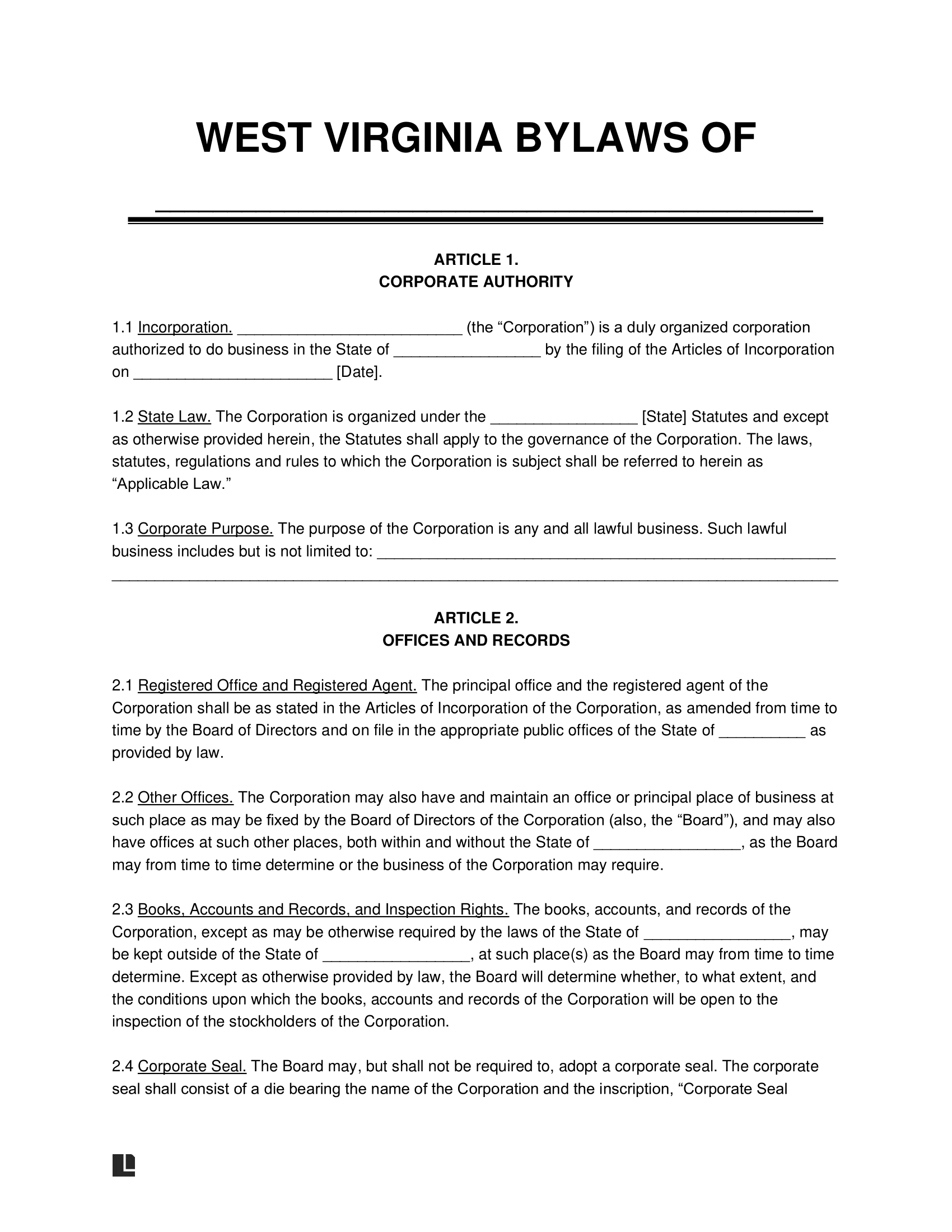 Free West Virginia Corporate Bylaws Template | Pdf &amp;amp; Word with regard to Sample Corporate Bylaws Template