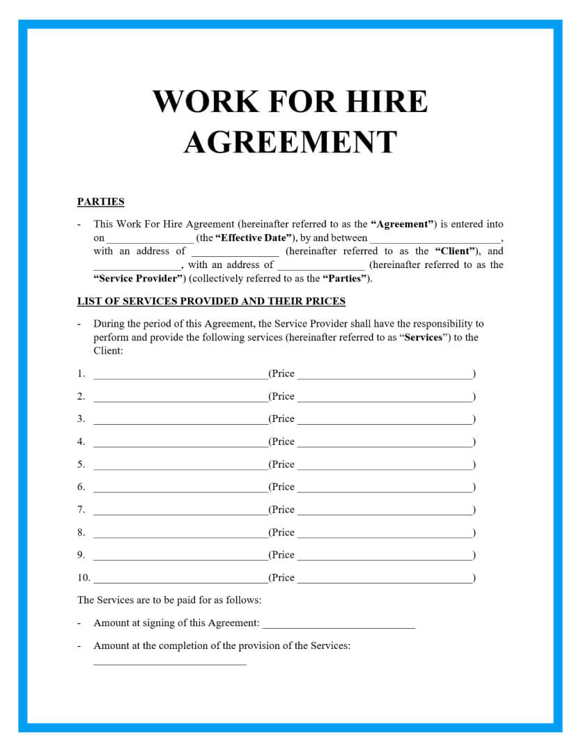 Free Work For Hire Agreement Templates For Download with regard to Work For Hire Agreement Sample Template