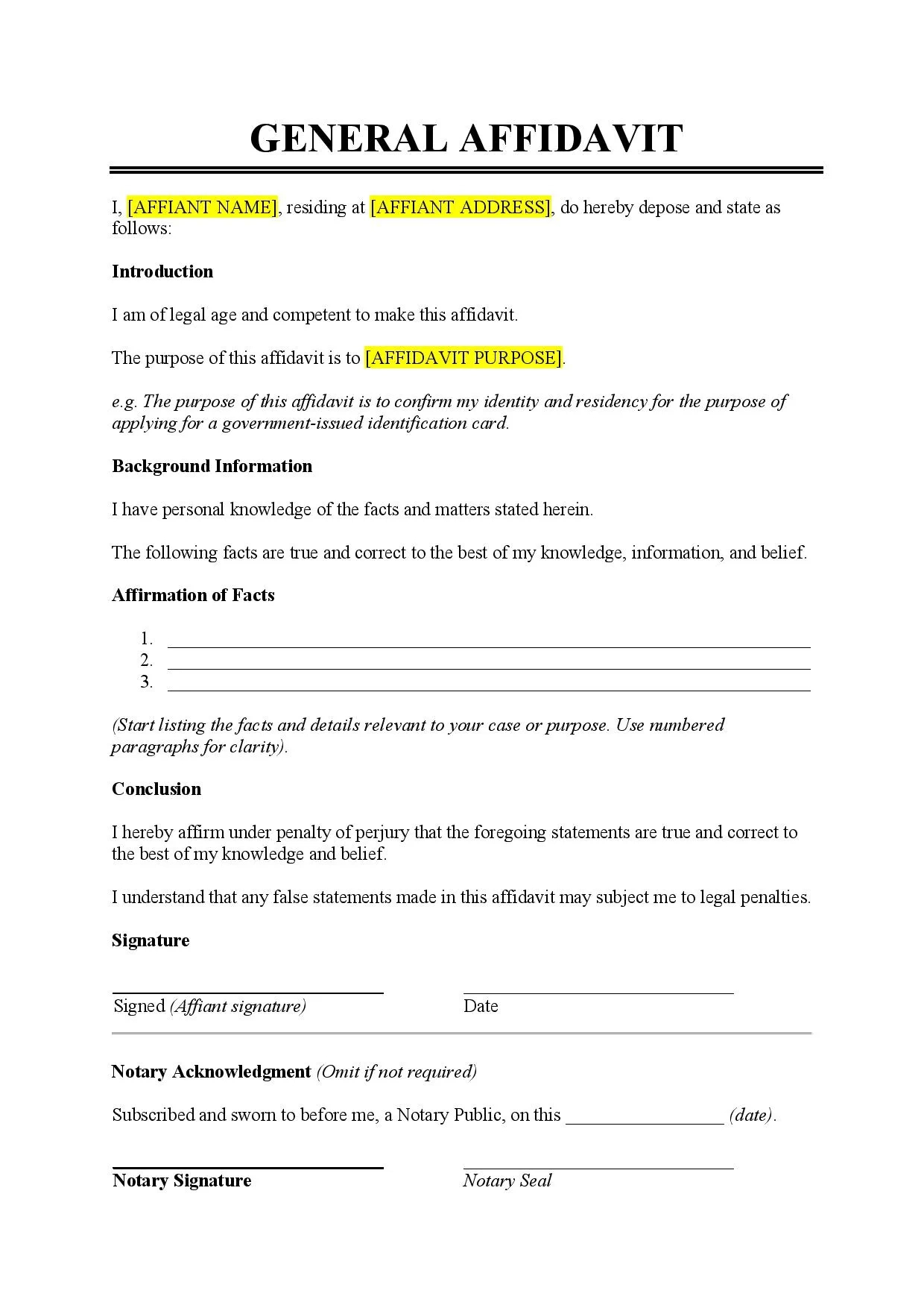 General Affidavit Template - Free Download - Easy Legal Docs inside Affidavit Sample Template