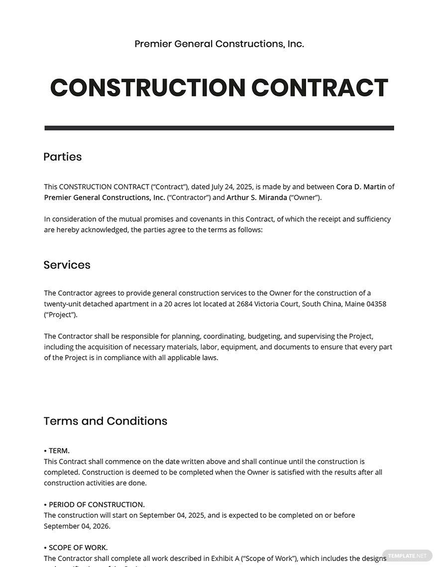 General Construction Contract Template In Google Docs, Word, Pages in Construction Contract Template Sample Free