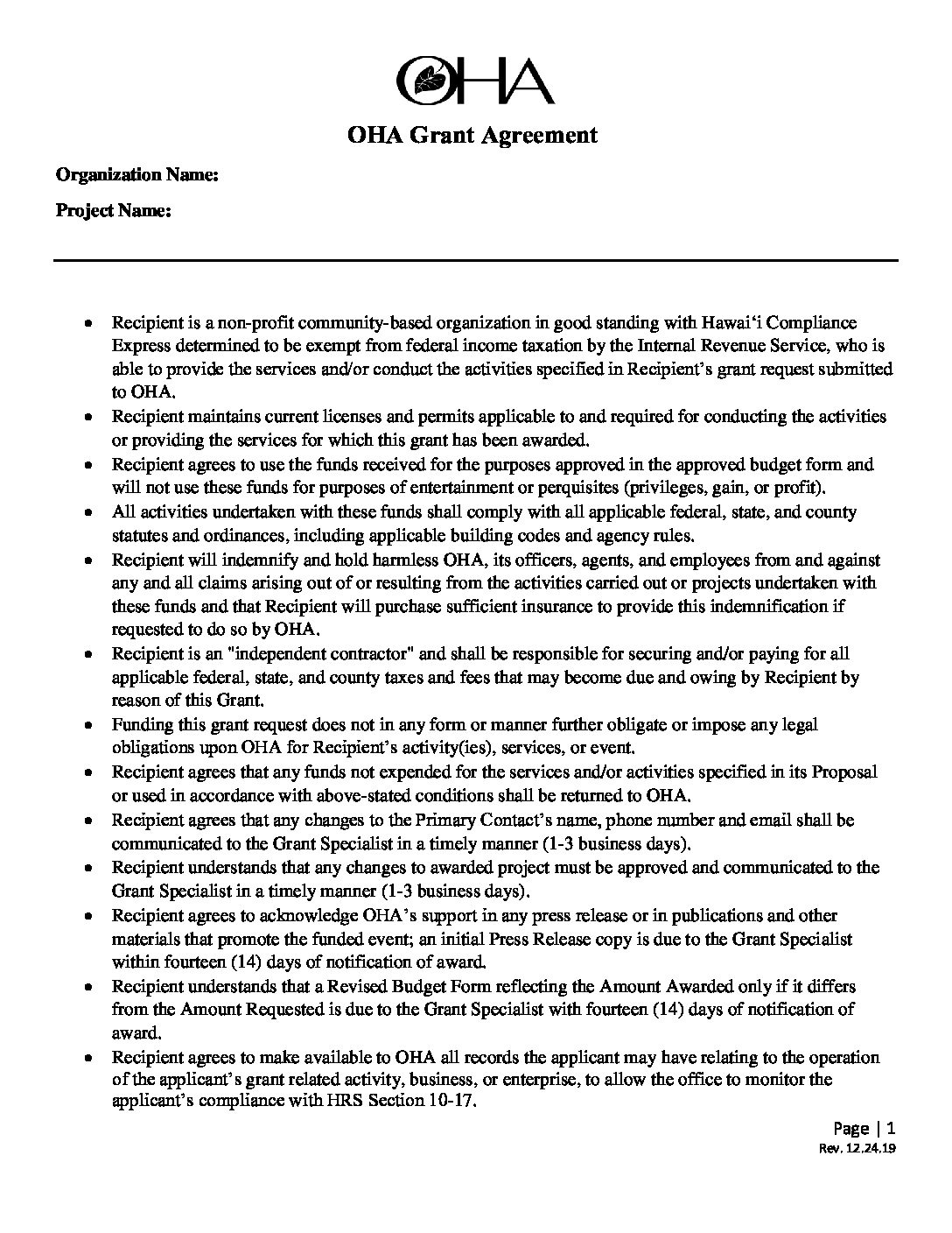 Grant-Agreement-Form-Fillable-11.11.20 - The Office Of Hawaiian inside Grant Agreement Sample Template