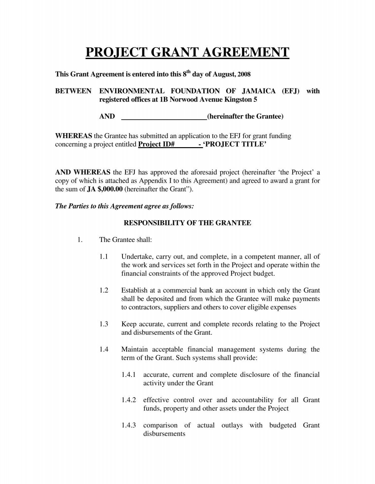 Grant Agreement Template - Environmental Funds Tool Kit inside Grant Agreement Sample Template