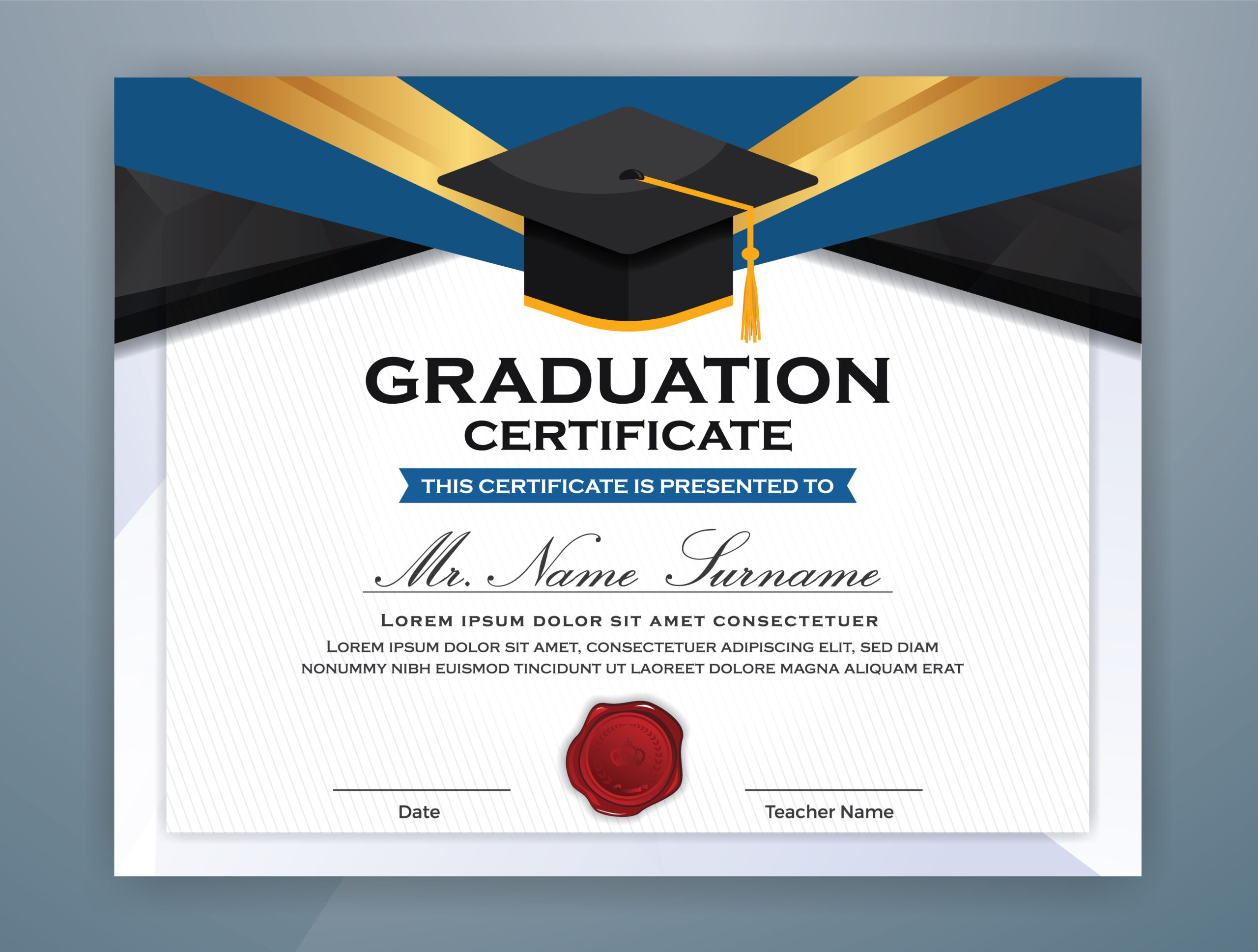 High School Diploma Certificate Template Design With Graduate Cap in Graduation Certificate Sample Template