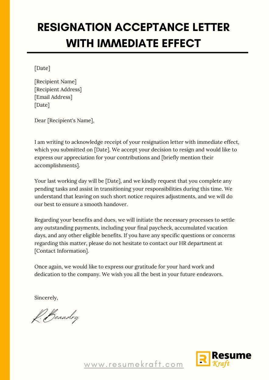 How To Write A Resignation Acceptance Letter With Immediate Effect pertaining to Resignation Acceptance Letter Template Sample