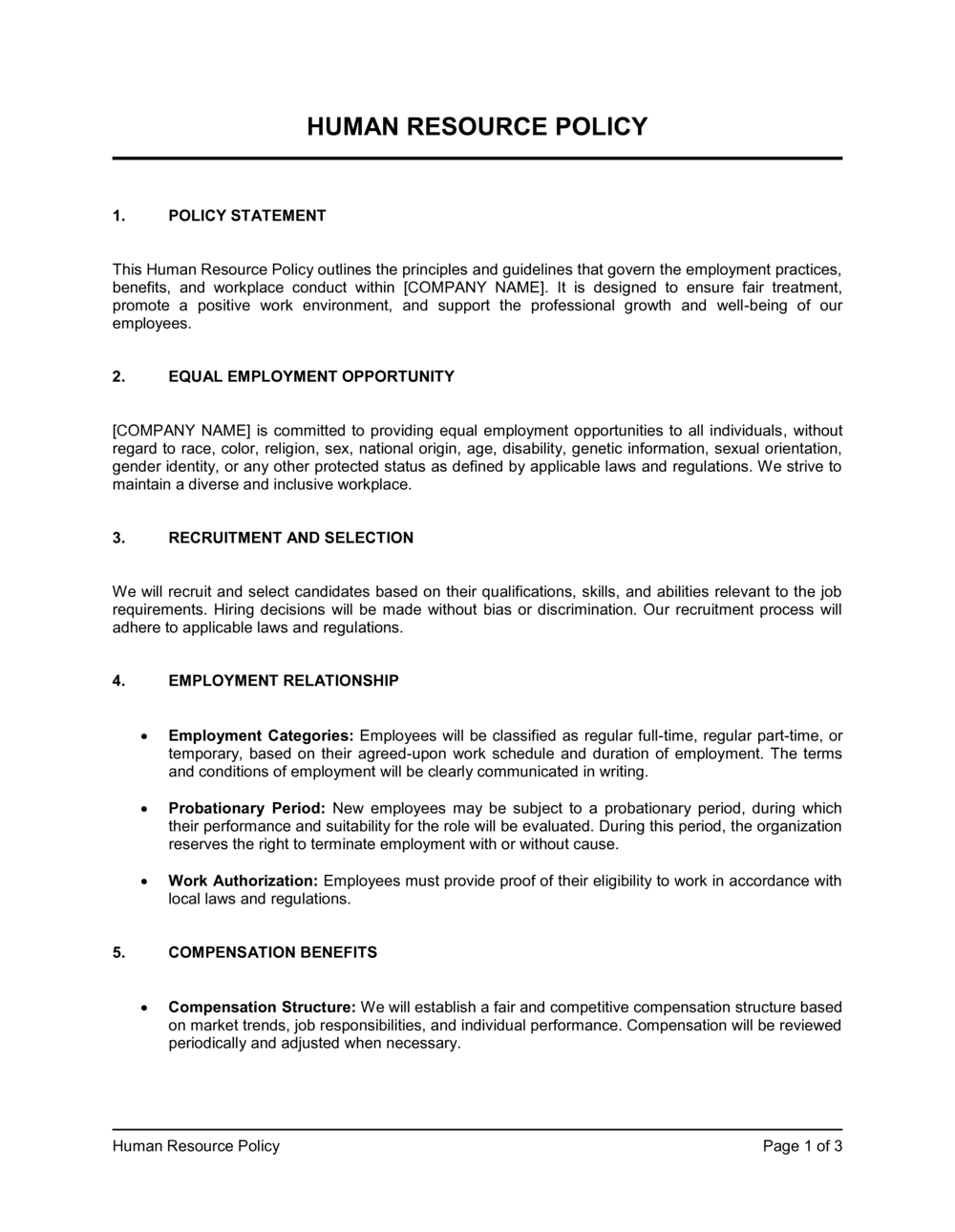 Human Resource Policy Template 2024 [Download .Docx] | Business In for HR Policy Sample Template