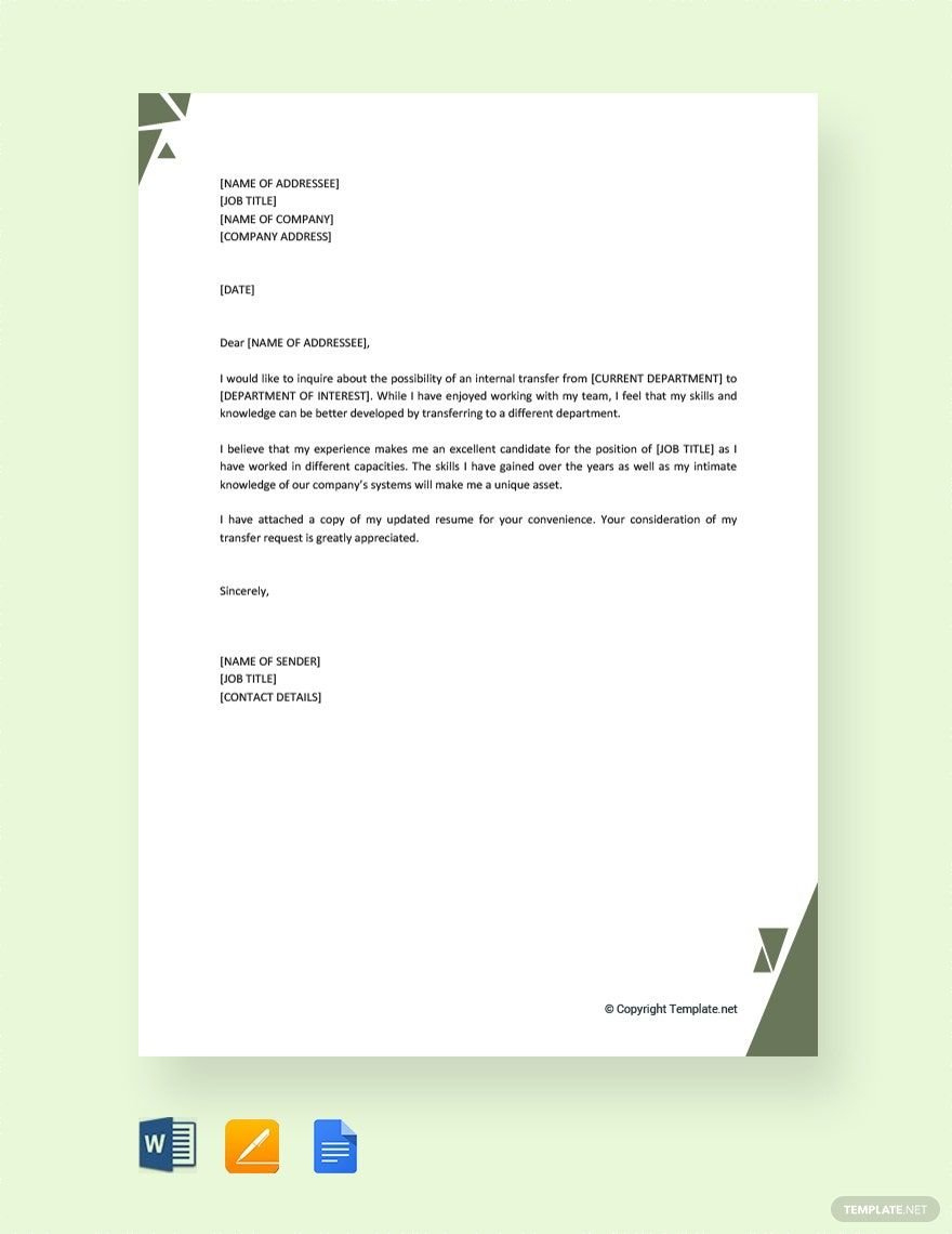 Internal Transfer Letter In Pages, Pdf, Word, Google Docs throughout Job Transfer Letter Sample Templates