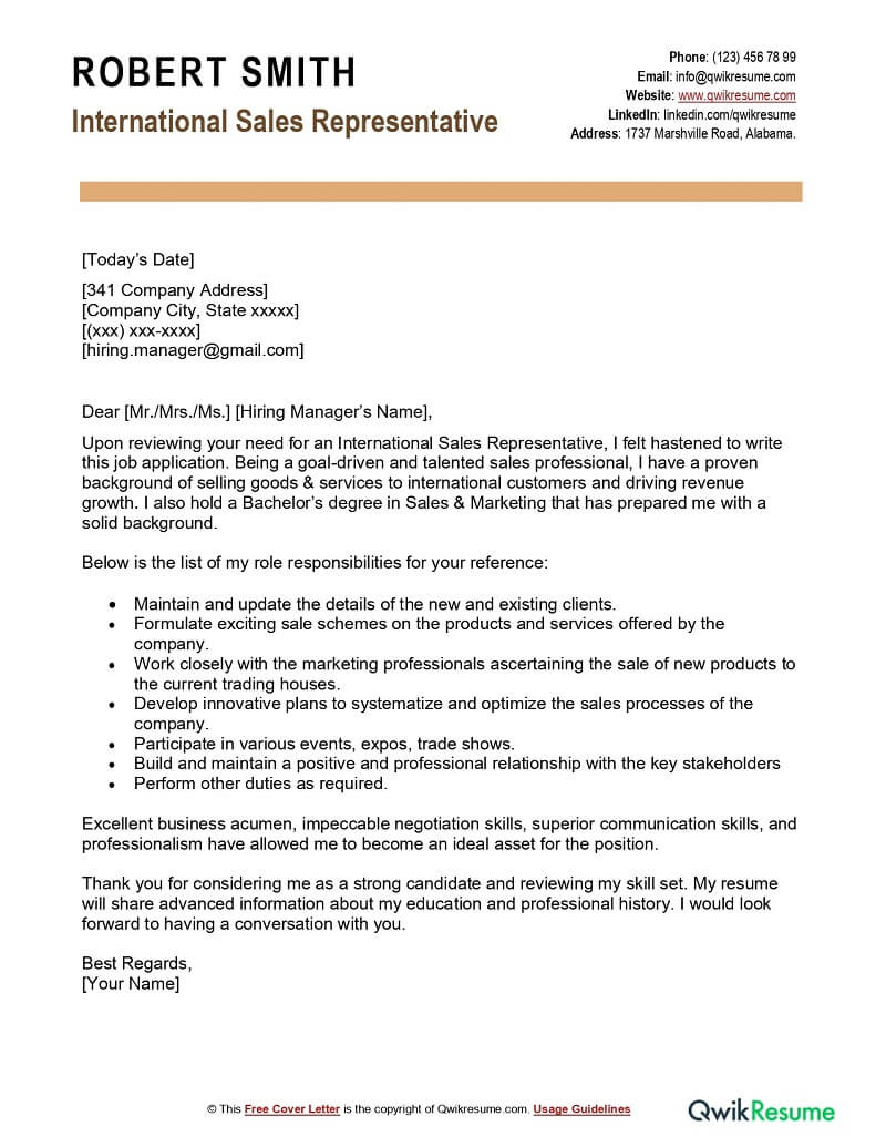 International Sales Representative Cover Letter Examples - Qwikresume regarding Sales Cover Letter Sample Template