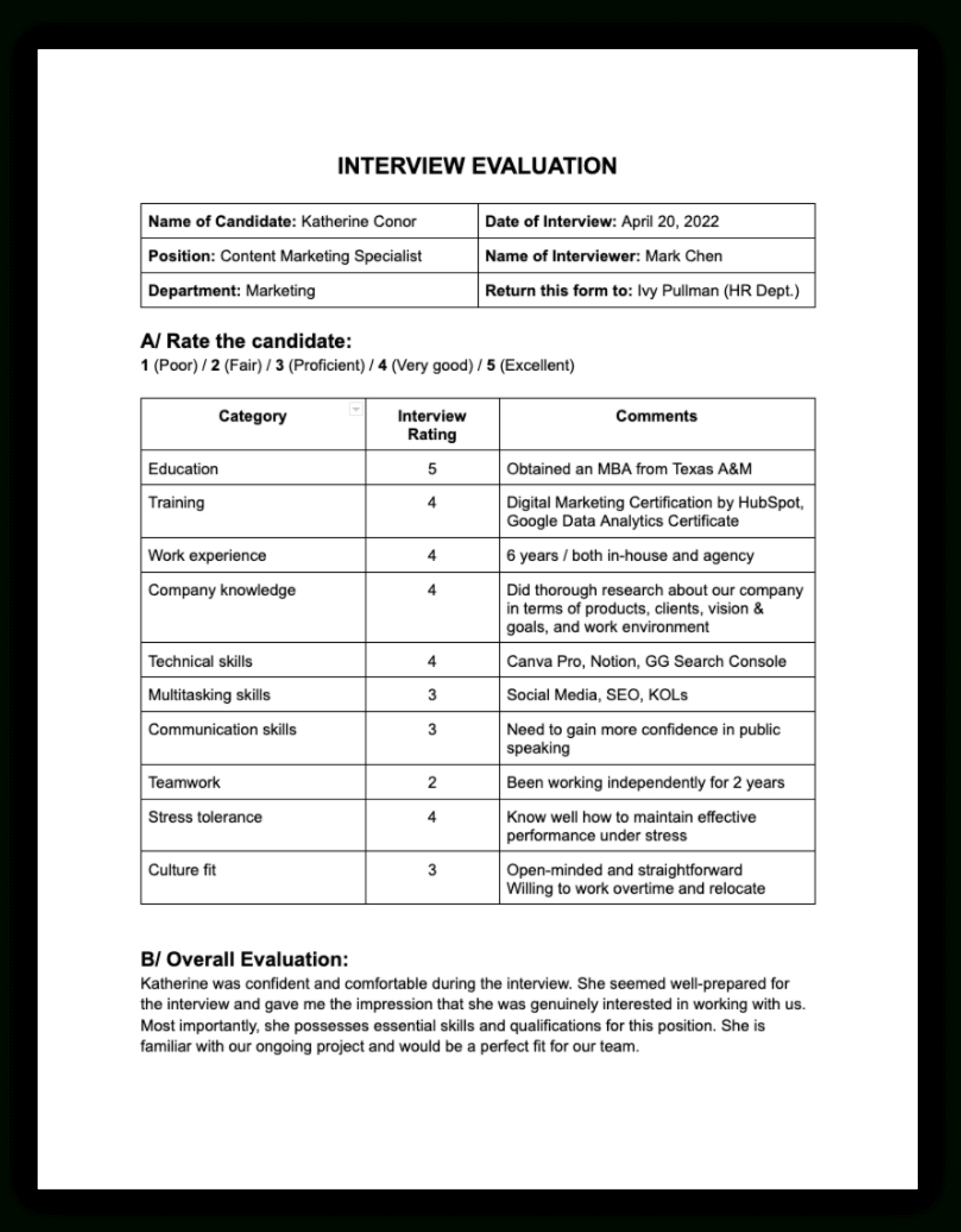 Interview Evaluation Form Guidelines &amp;amp; Samples | Cakeresume intended for Interview Feedback Sample Template