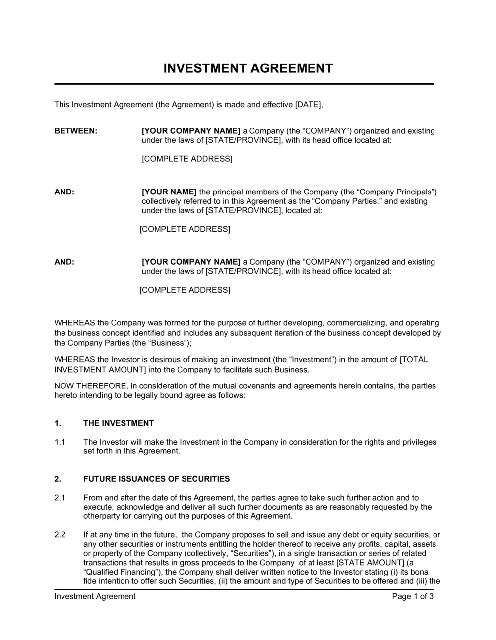 Investment Agreement Template 2024 [Download .Docx] | Business In regarding Investor Contract Sample Template