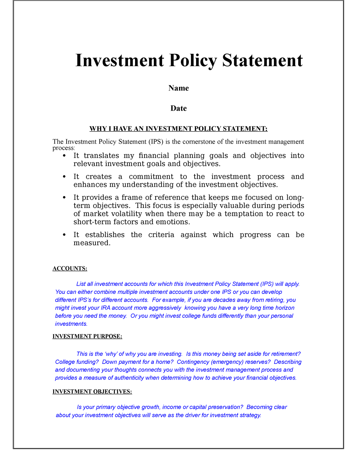 Investment Policy Statement - Beam031 - Exeter - Studocu with regard to Investment Policy Statement Sample Template