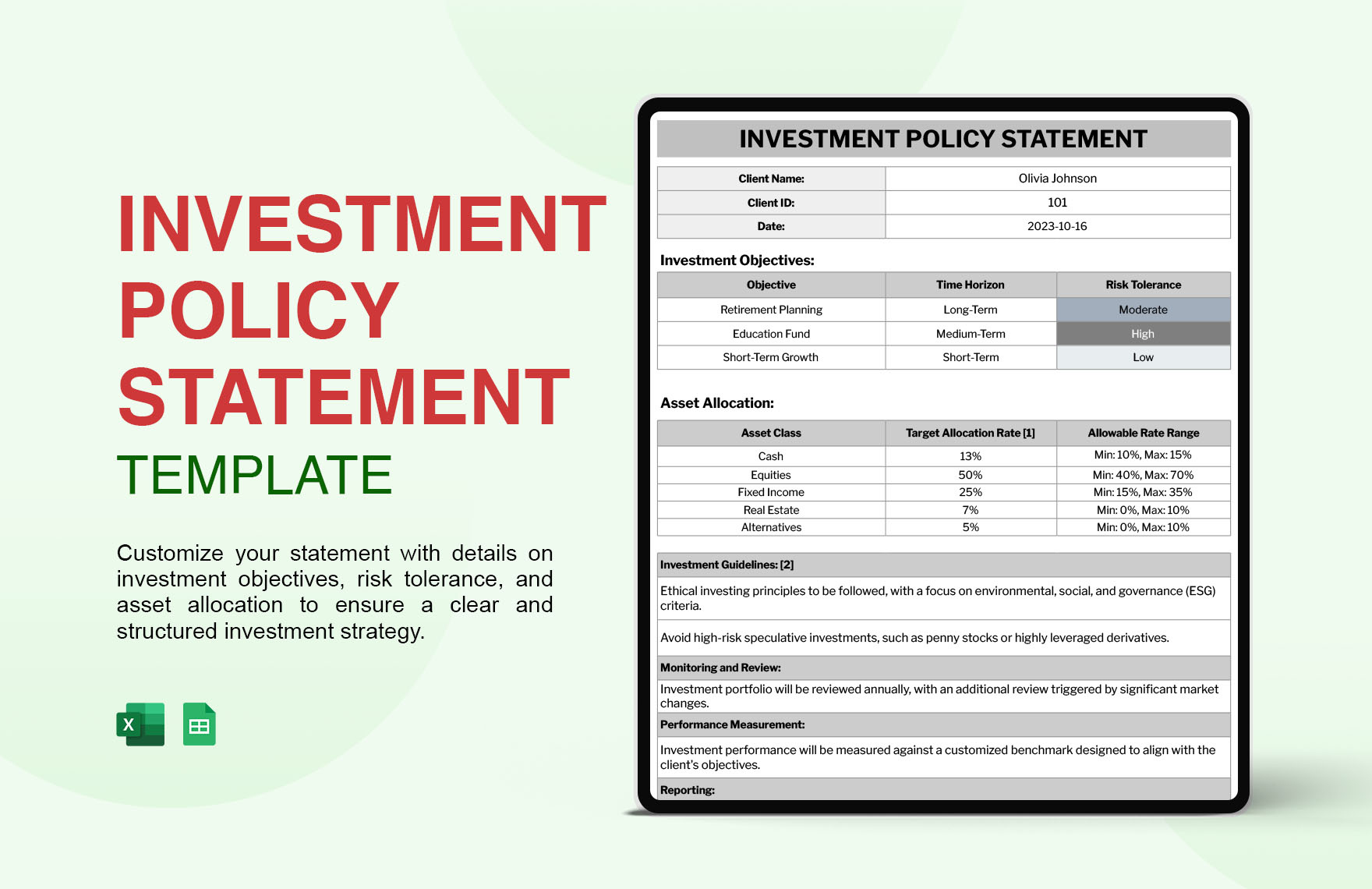 Investment Policy Statement Template In Excel, Google Sheets inside Investment Policy Statement Sample Template