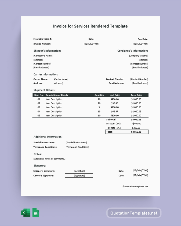 Invoice for Services Rendered Template Sample