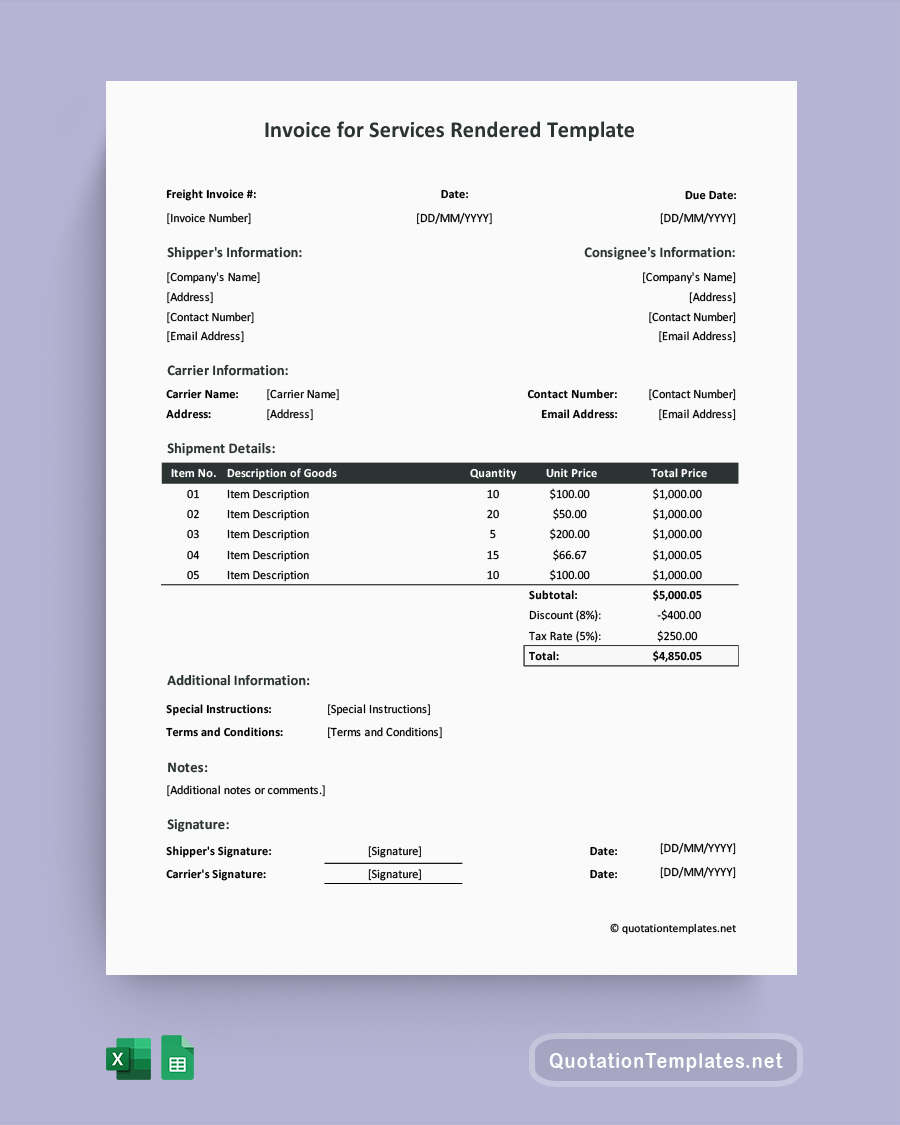 Invoice For Services Rendered Template - Excel | Google Sheets throughout Invoice For Services Rendered Template Sample