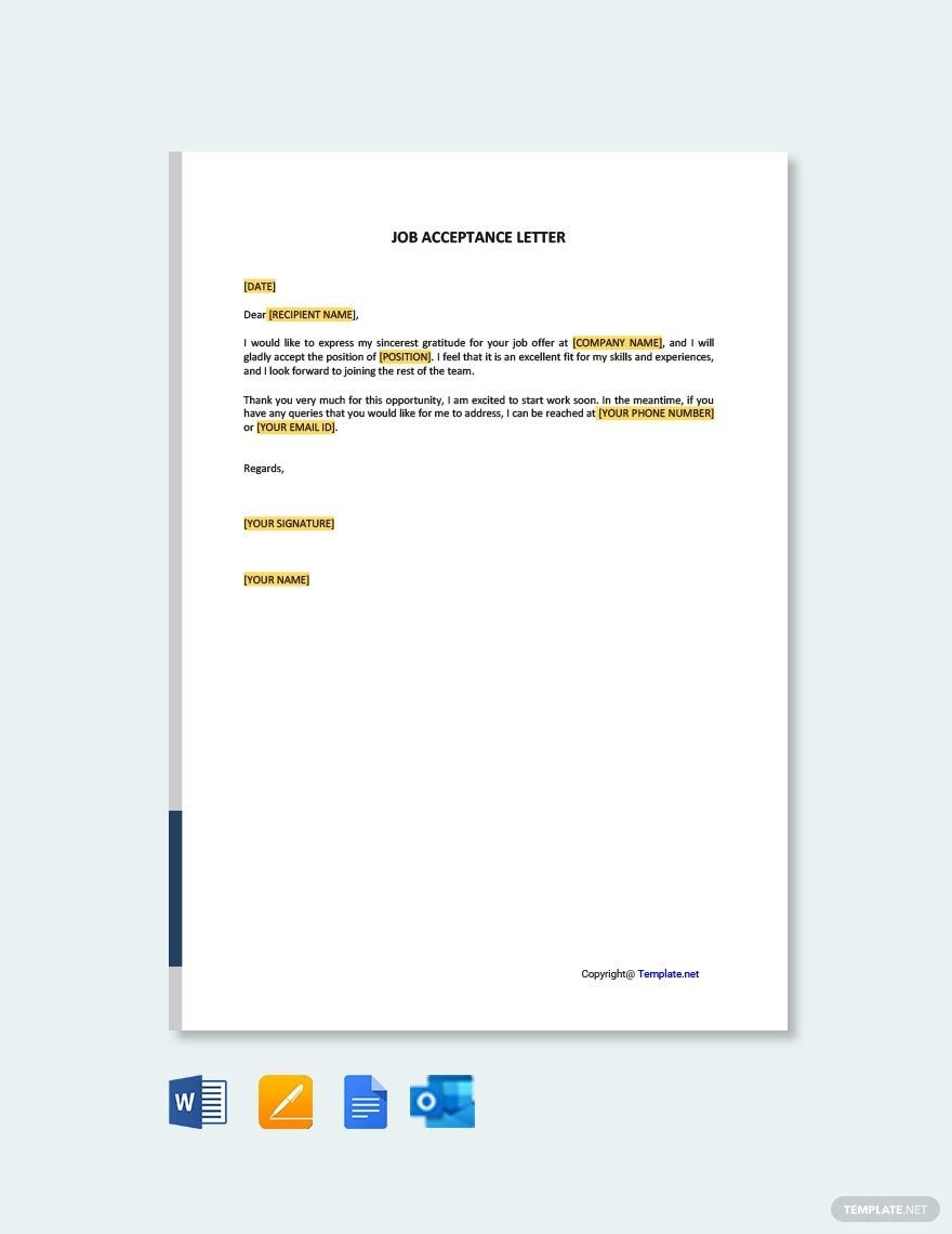 Job Acceptance Letter In Google Docs, Word, Pages, Outlook, Pdf in Job Transfer Letter Sample Templates