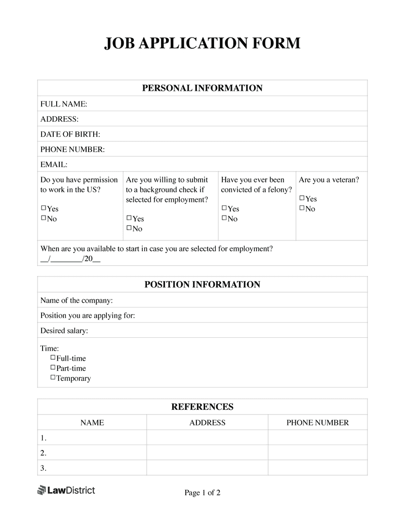 Job Application Form | Free Simple Pdf Template | Lawdistrict throughout Sample Application Template