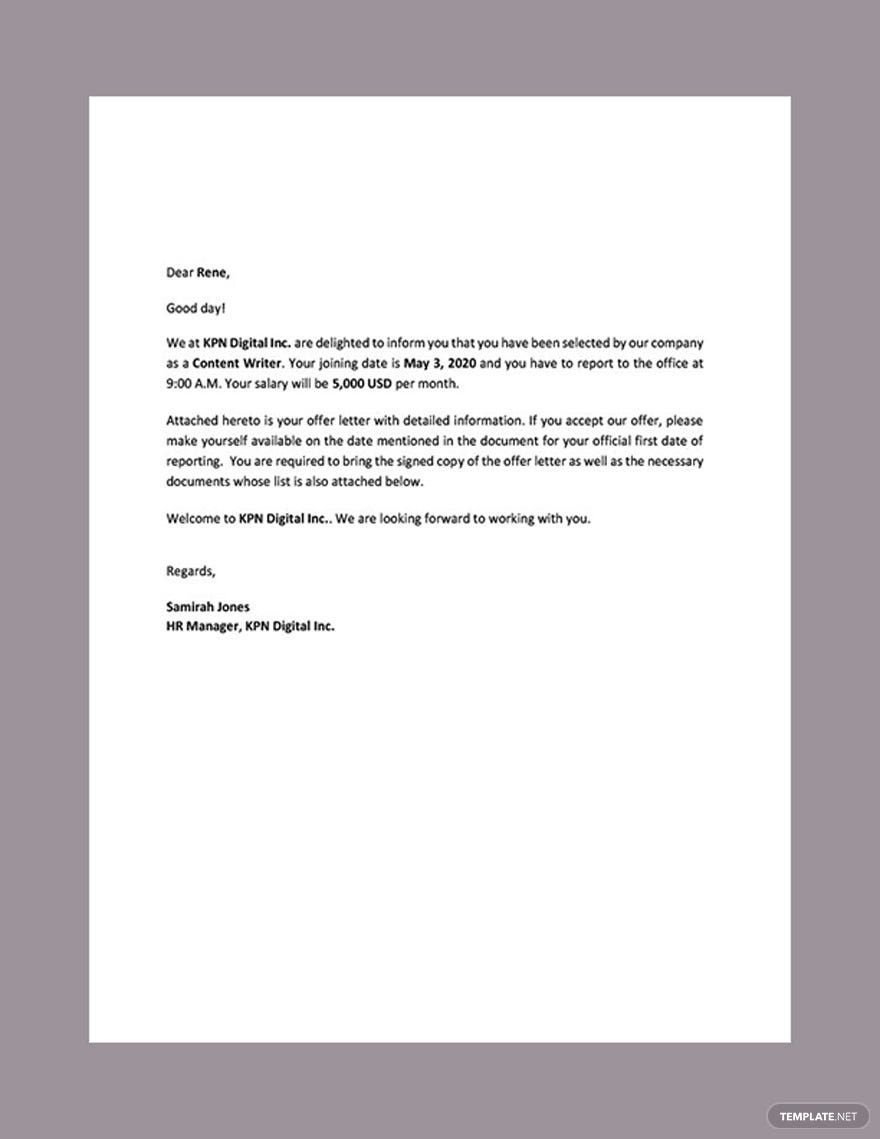 Job Offer Letter Sample For Employers Template In Google Docs with regard to Employment Offer Letter Template Sample