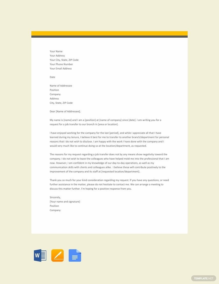 Job Transfer Request Letter For Personal Reason Format In Google throughout Job Transfer Letter Sample Templates