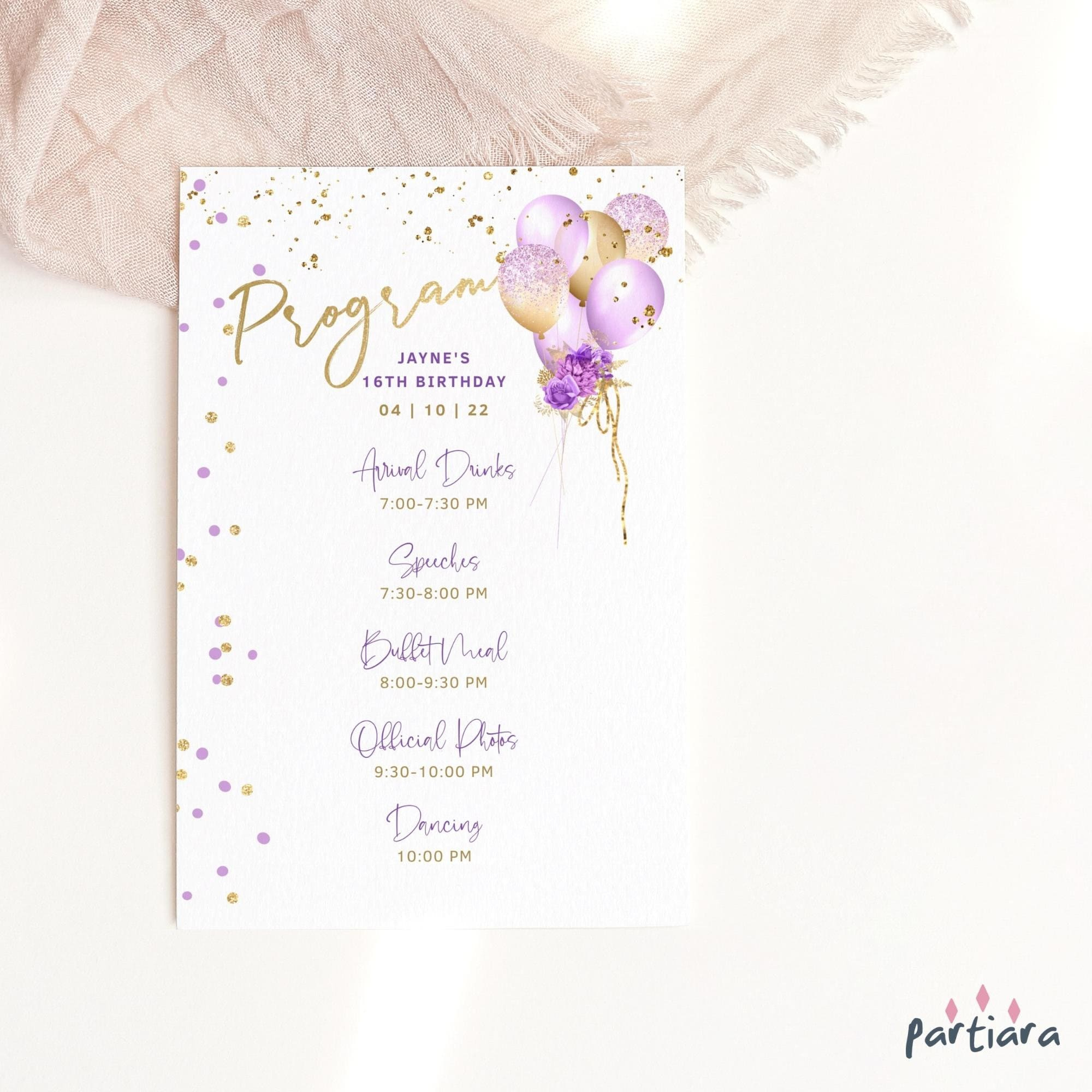 Ladies Birthday Party Program Template Printable Lilac Purple Gold intended for Birthday Party Program Sample Template