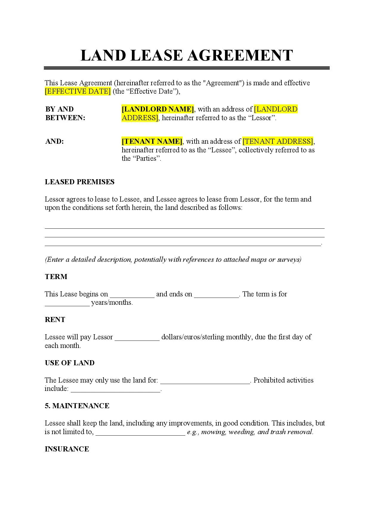 Land Lease Agreement Template - Free Download - Easy Legal Docs in Lease Sample Template