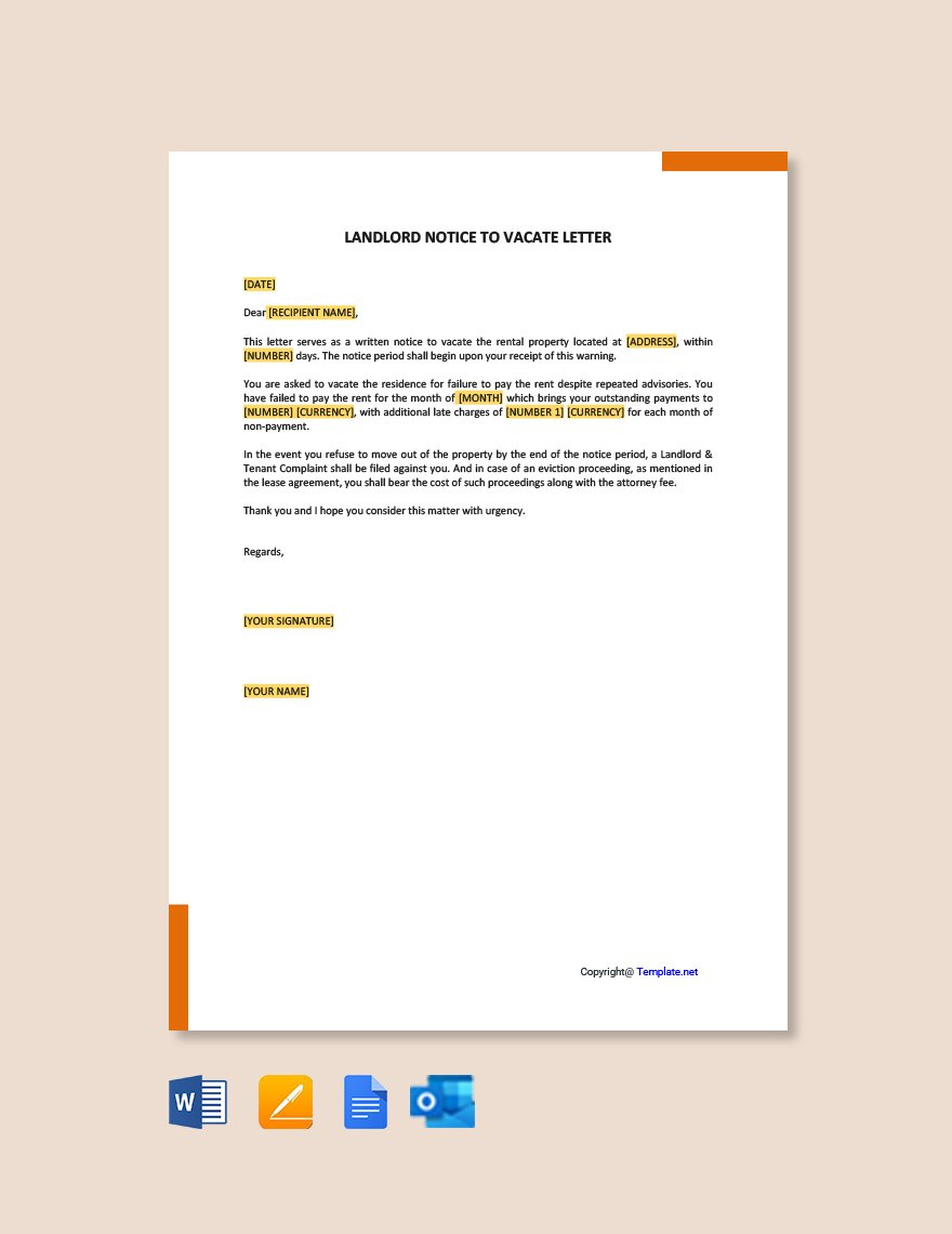 Landlord Notice To Vacate Letter In Google Docs, Pages, Word intended for Template Sample For 30 Day Notice To Vacate