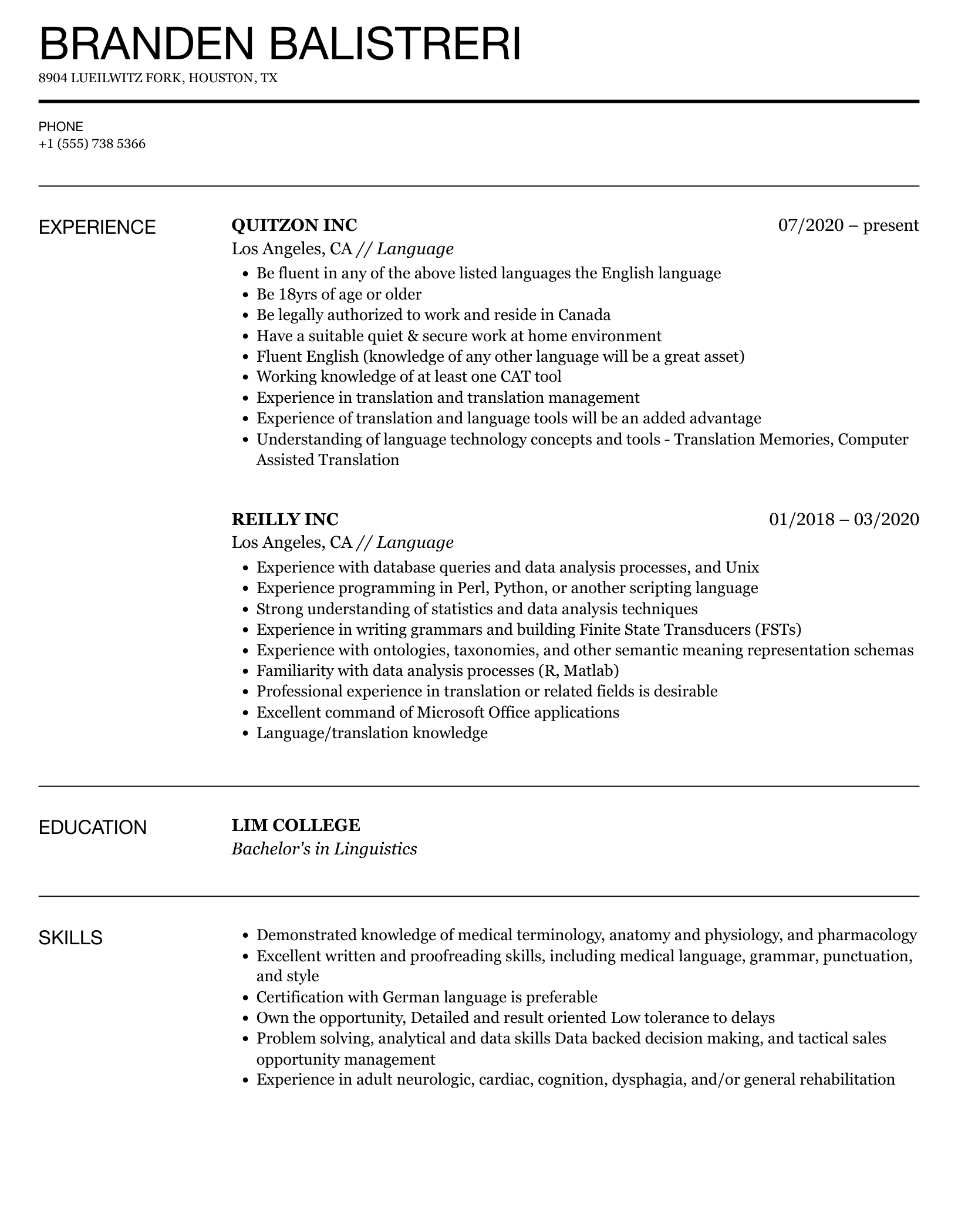 Language Resume Samples | Velvet Jobs regarding Language Template Sample