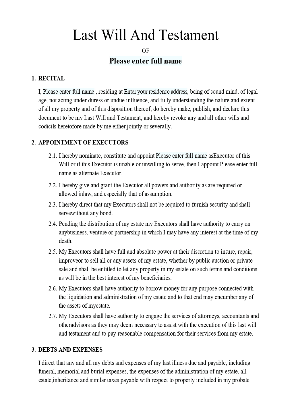 Last Will And Testament Template | Onlyoffice throughout Last Will Template Sample