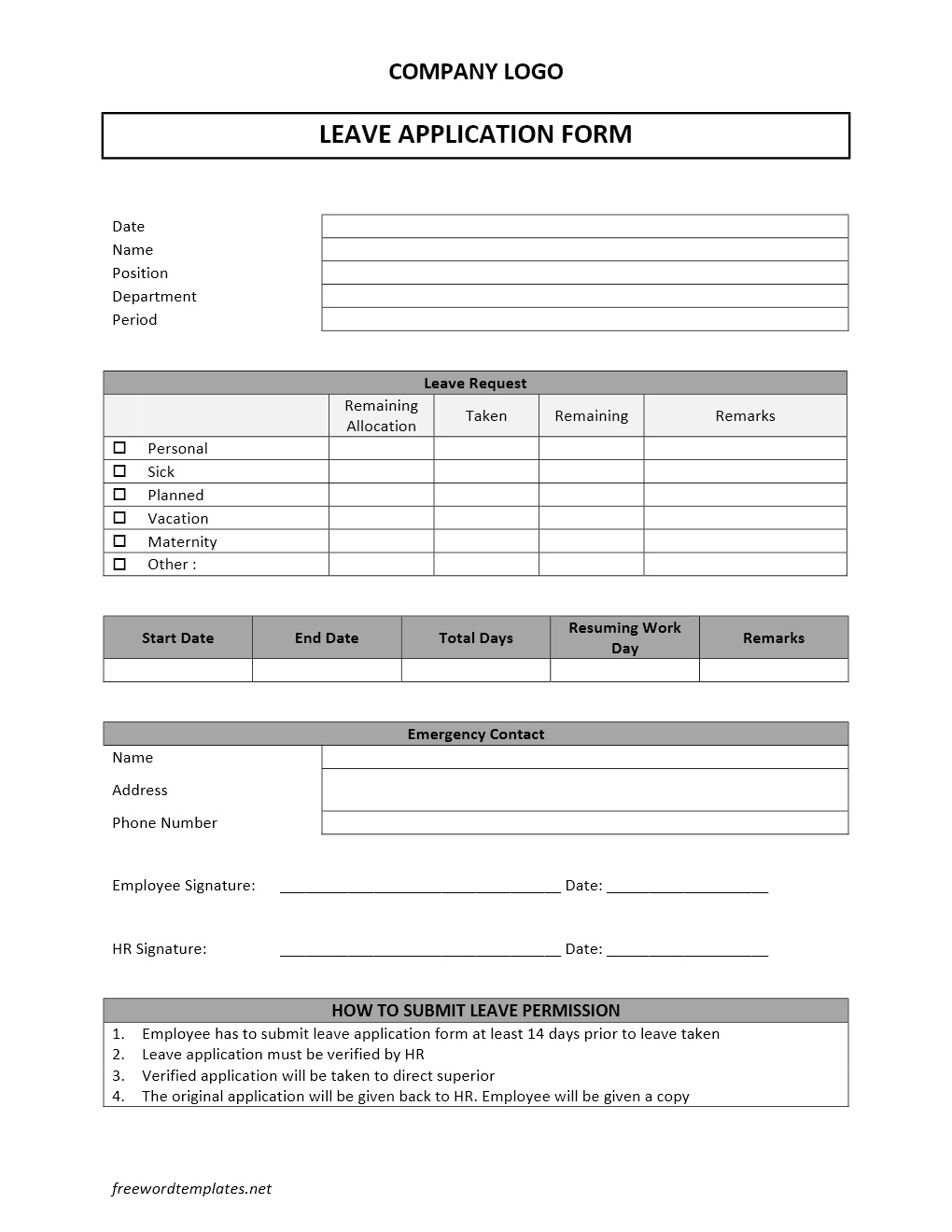 Leave Application Form within Leave Form Sample Template