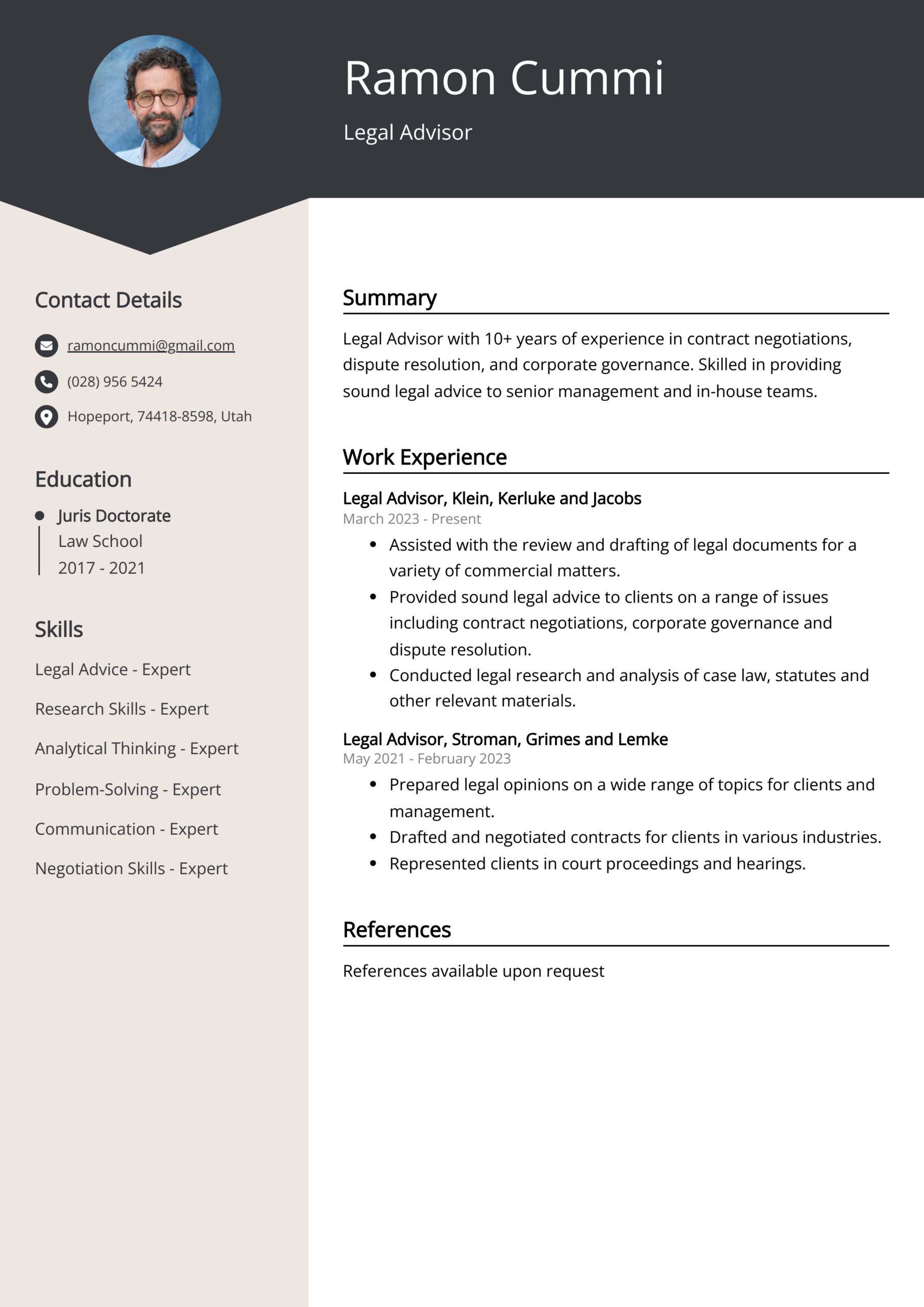 Legal Advisor Resume Example (Free Guide) with regard to Legal Resume Template Sample