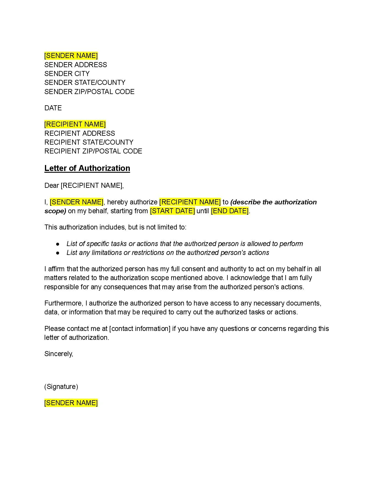 Letter Of Authorization Template - Free Download - Easy Legal Docs intended for Authorization Letter Template Sample