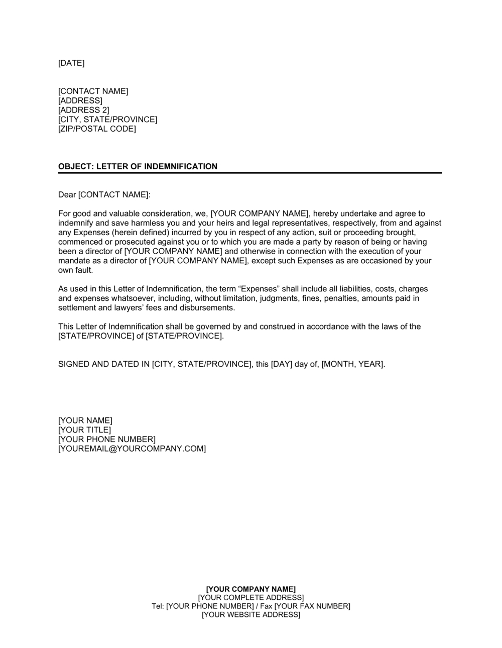 Letter Of Indemnification To Former Director Template 2024 for Indemnity Letter Template Sample