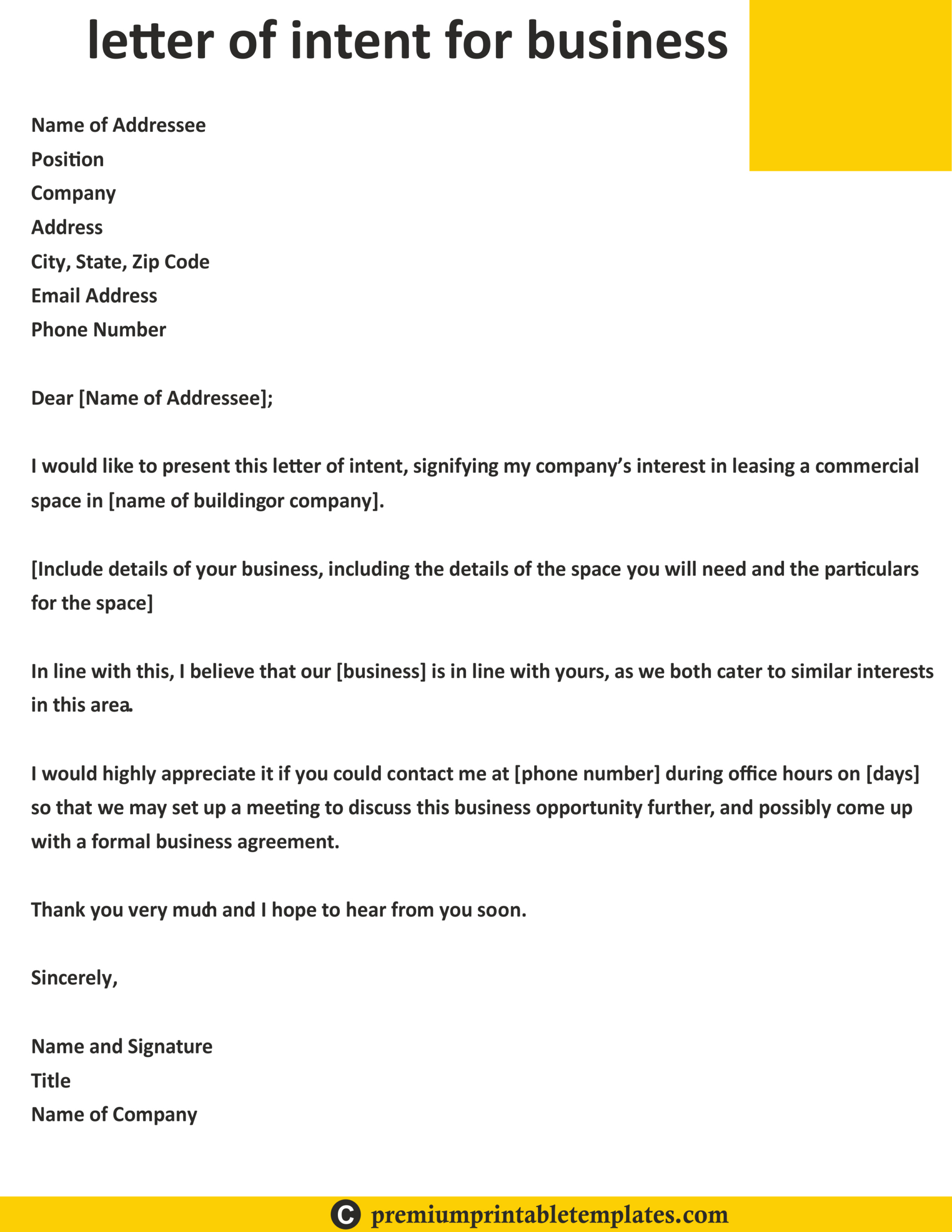 Letter Of Intent For Business Printable Template throughout Business Letter of Intent Sample Template