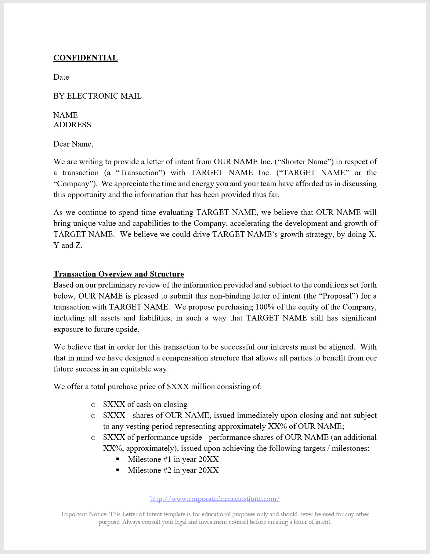 Letter Of Intent (Loi) Template: All Key Terms Included In An Loi with regard to Letter Of Intent To Hire Sample Template