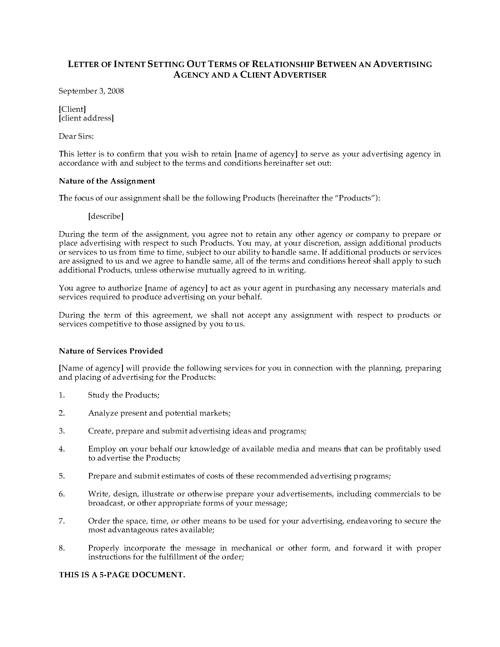 Letter Of Intent To Hire Advertising Agency | Legal Forms And throughout Letter Of Intent To Hire Sample Template