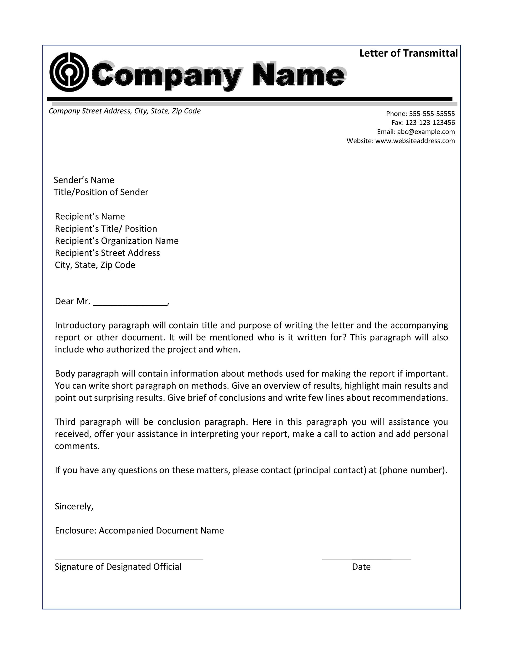 Letter Of Transmittal - 40+ Great Examples &amp;amp; Templates ᐅ Templatelab with regard to Transmittal Letter Template Sample