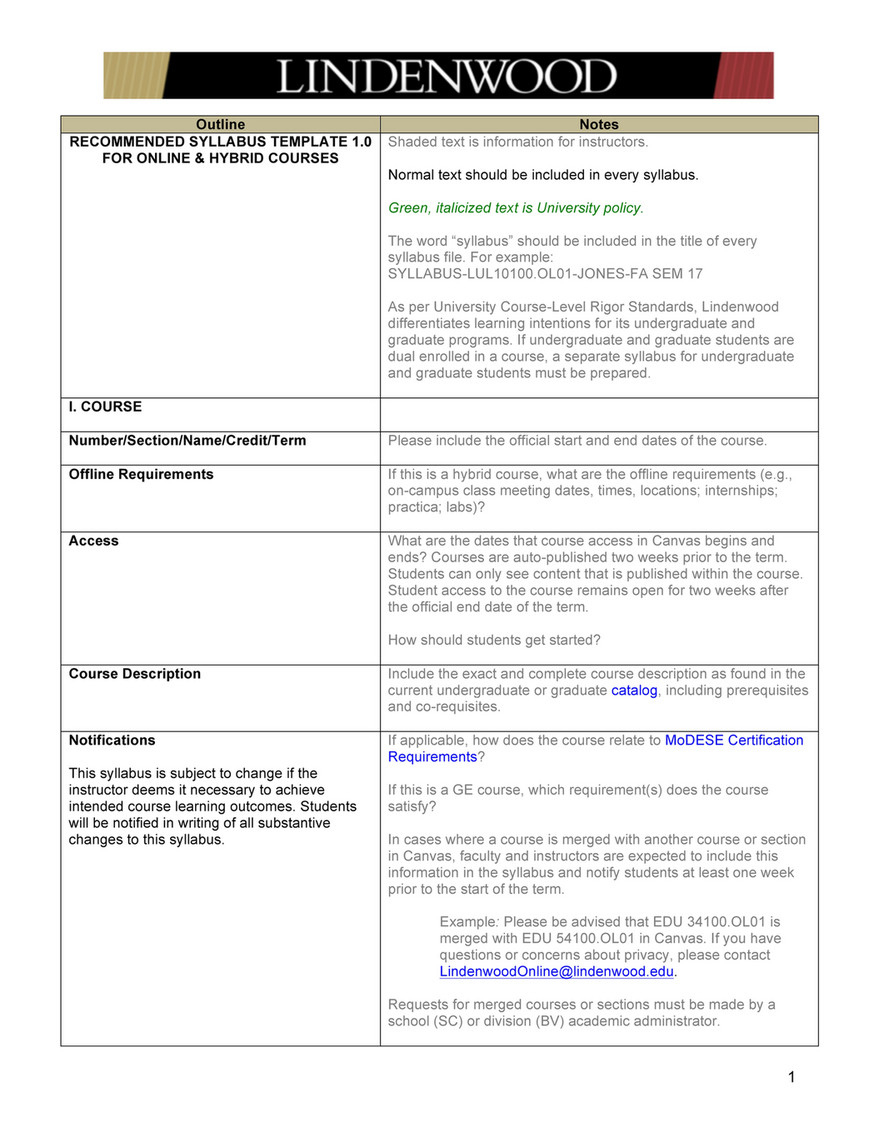 Lindenwood University - Recommended Syllabus Template - Page 1 in Syllabus Template Sample