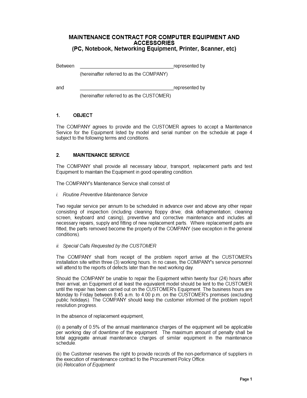 Maintenance Contract Template within Maintenance Contract Sample Template